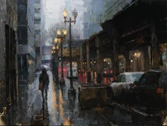 „Chicago Rain“ (2023) – Original-Ölgemälde, impressionistische Stadtlandschaft