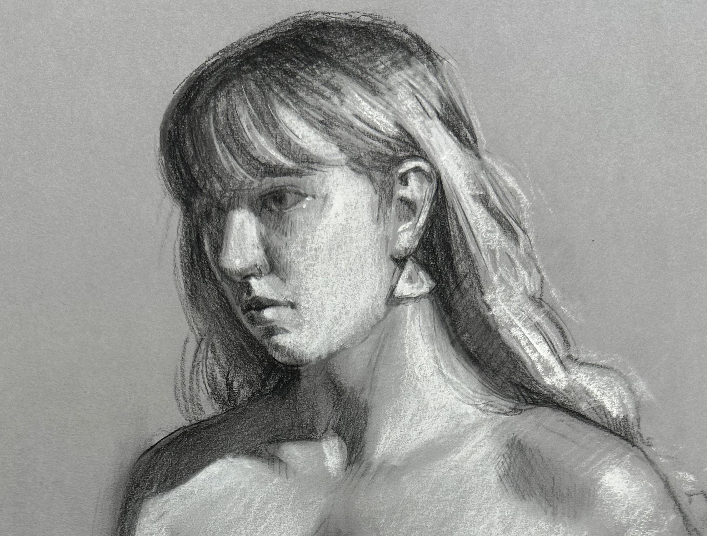„Amber“ von Primary Hughes, Original weibliche Aktporträtzeichnung in Holzkohle im Angebot 1