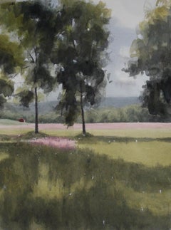 "Campos rosas" (2024) de Mo Myra, Pintura original en acuarela de paisaje