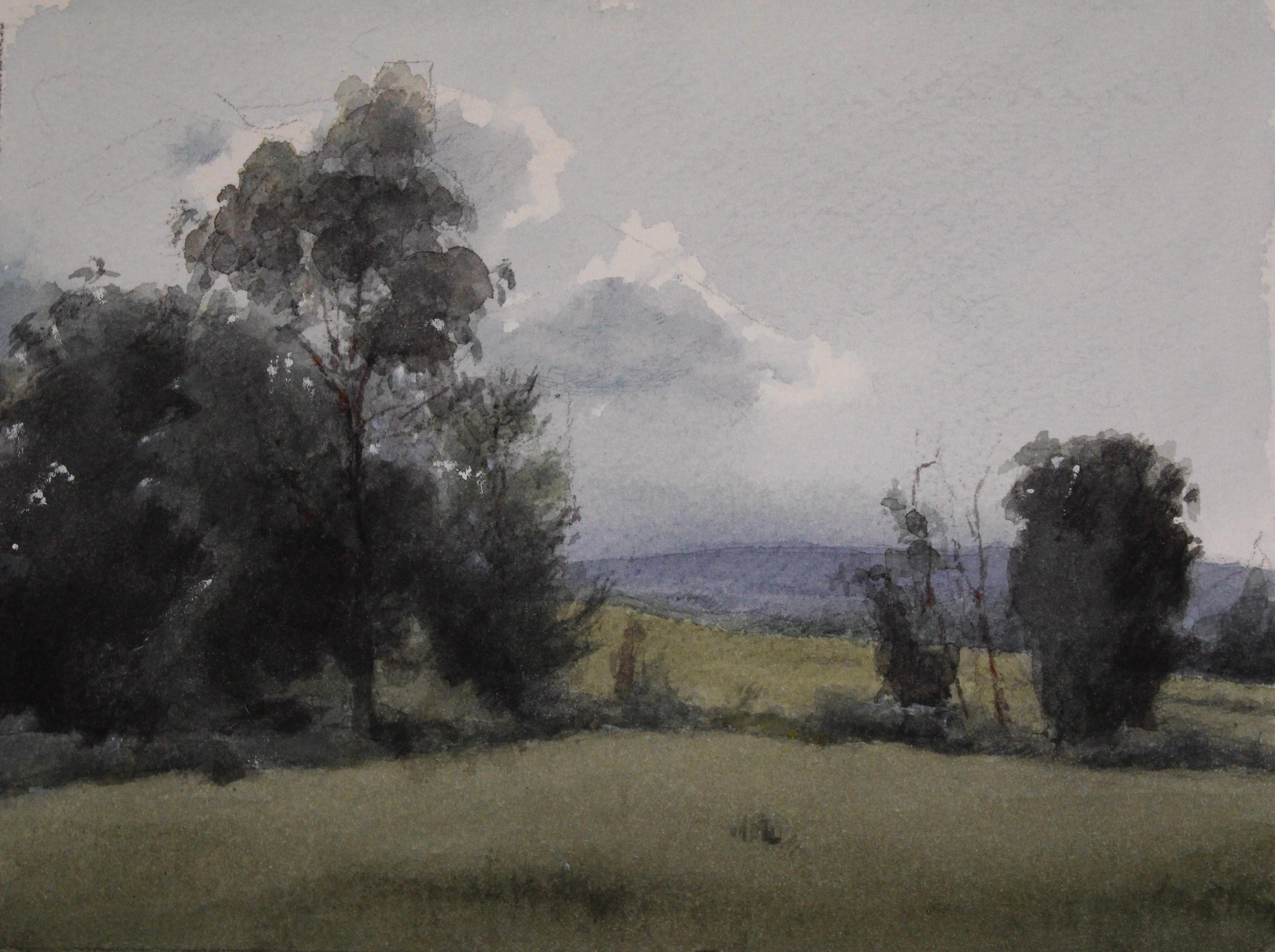 "Melody of the River" (2024) de Mo Myra est une aquarelle sur papier qui représente un paysage par une journée grise et nuageuse.

Mo Myra, née en 1990, est une artiste basée dans le Connecticut, célèbre pour ses aquarelles en plein air. Sa passion