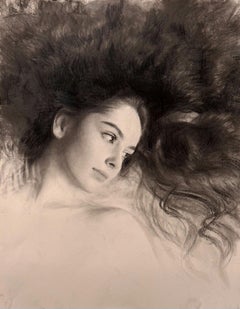 "Esperando" (2023), de Bunyod Suvonov, dibujo original en carboncillo y grafito