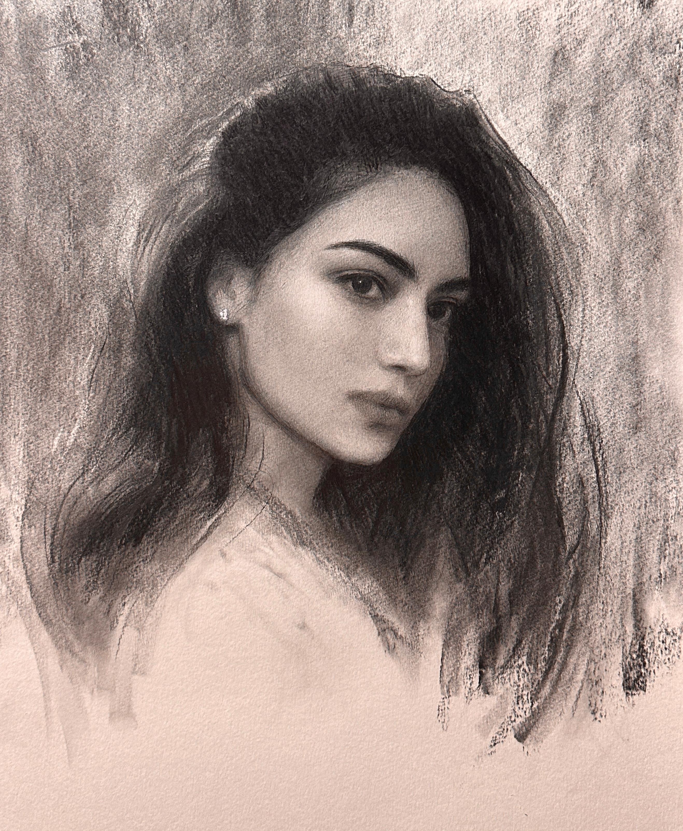 "Retrato de chica de pelo largo" (2023) Por Bunyod Suvonov, Dibujo original