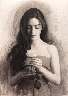 „Mädchen mit Blumen“ (2023) von Bunyod Suvonov, Original anthrazitfarbene Zeichnung