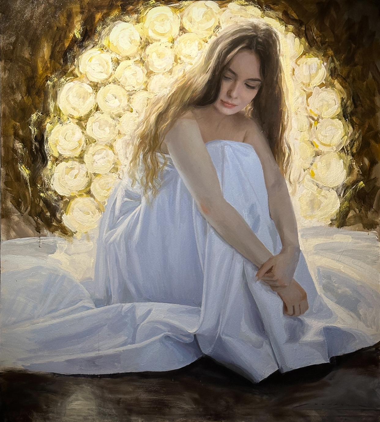 "Dama in bianco" (2024) di Bunyod Suvonov, Pittura ad olio originale