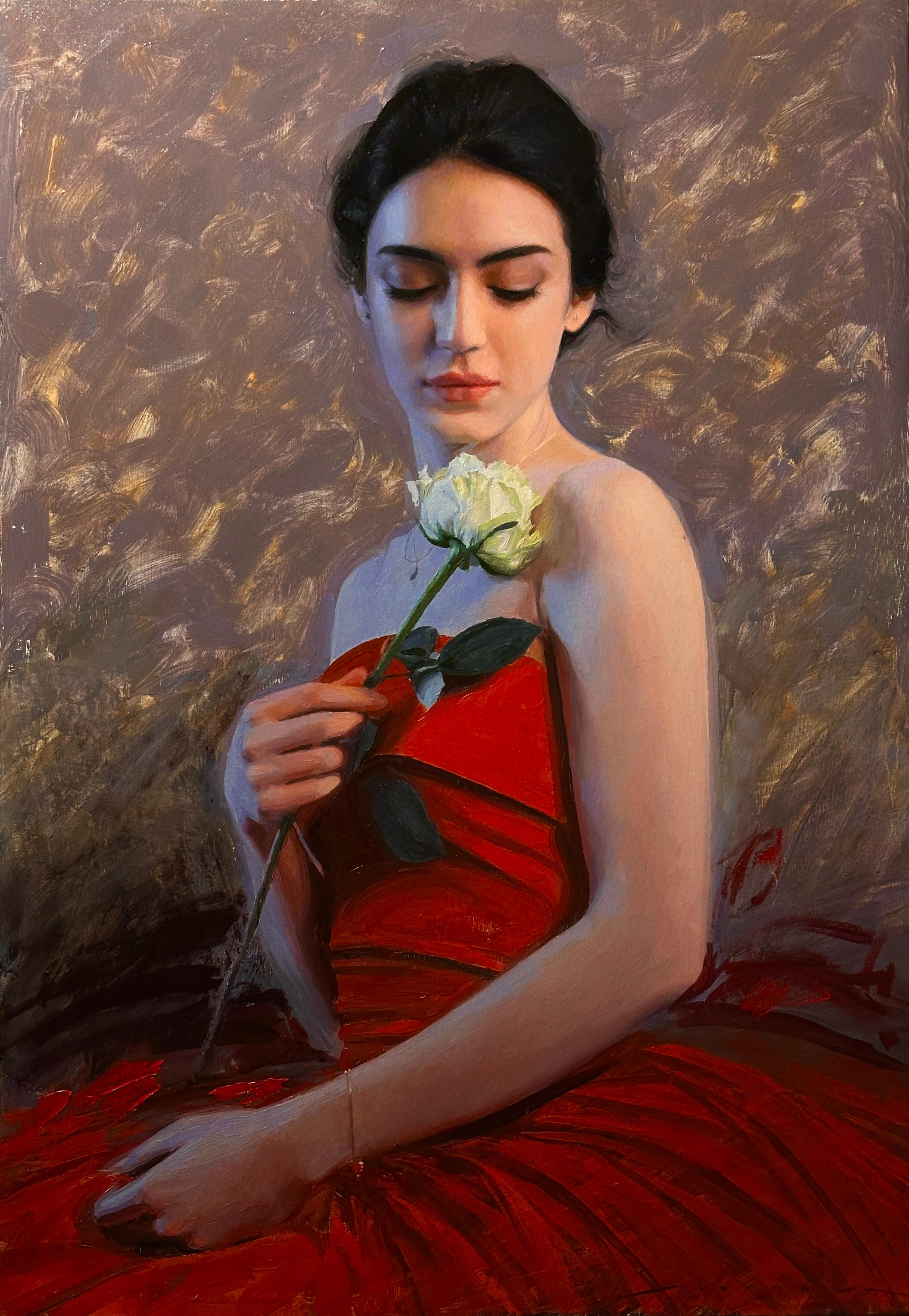"Signora in rosso" (2024) di Bunyod Suvonov, Pittura ad olio originale