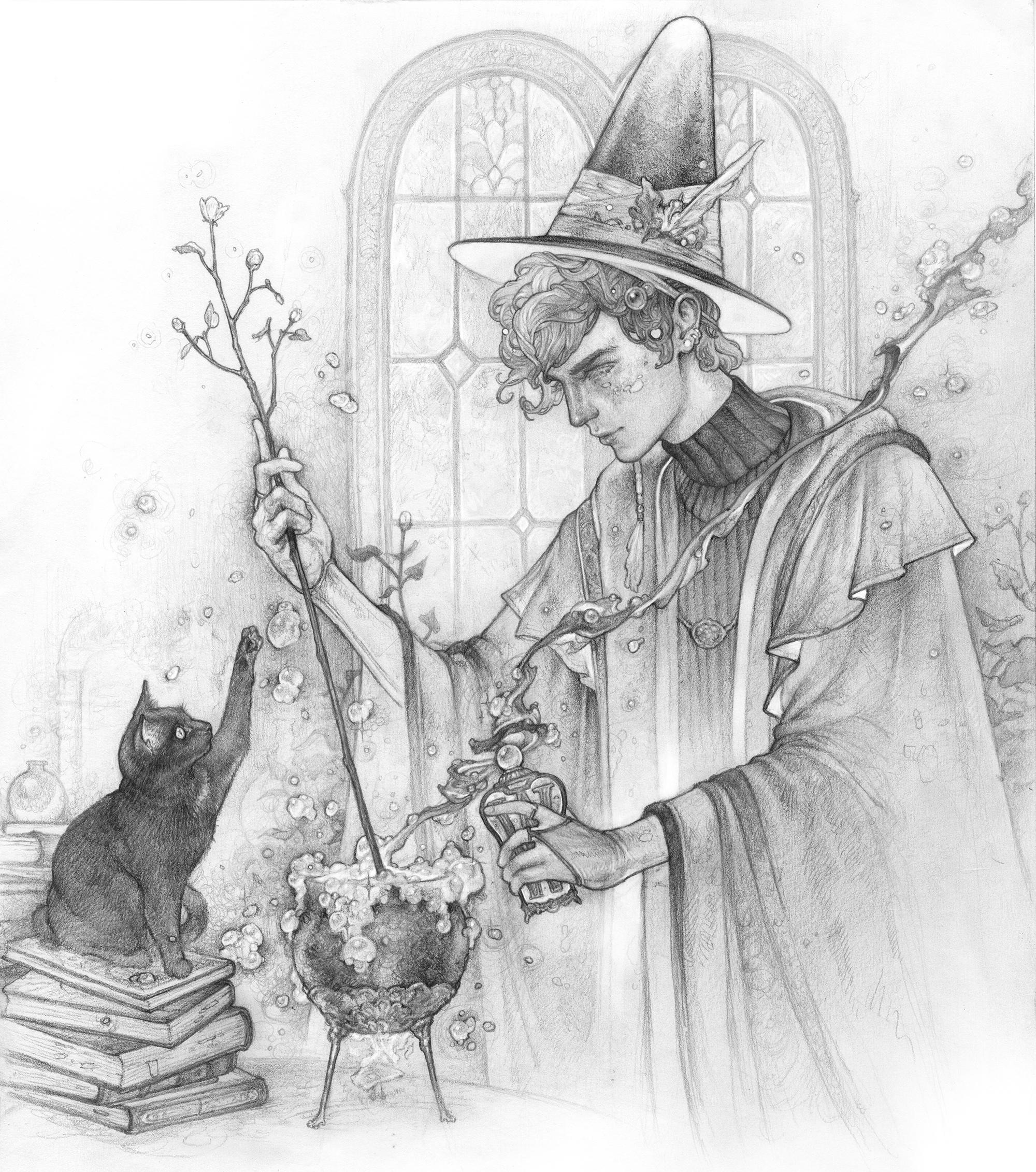 "Brewing Up Whimsy (2024) de Timothy Von Rueden, dessin original en graphite