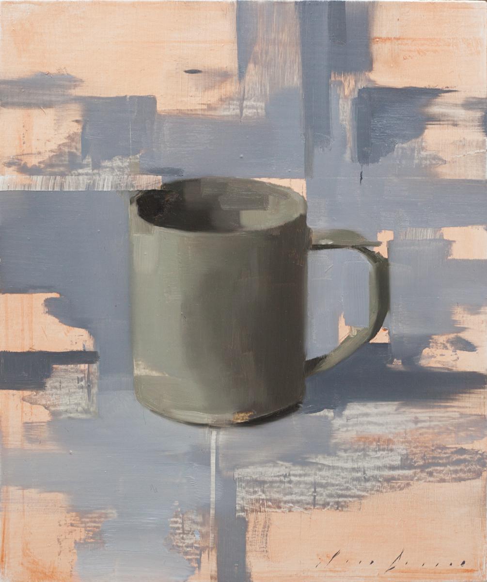Dark Cup on Grey, Oil painting - Painting by Jon Doran
