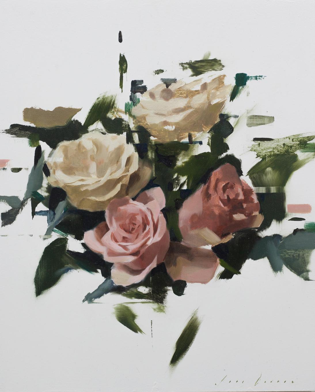 Recompuesto nº 1" de Jon Doran (residente en el Reino Unido) es un óleo creado en 2019 que representa rosas blancas y rosas sobre fondo blanco.

Declaración del artista:

"Me interesa tomar temas clásicos del bodegón, el retrato y las figuras en el