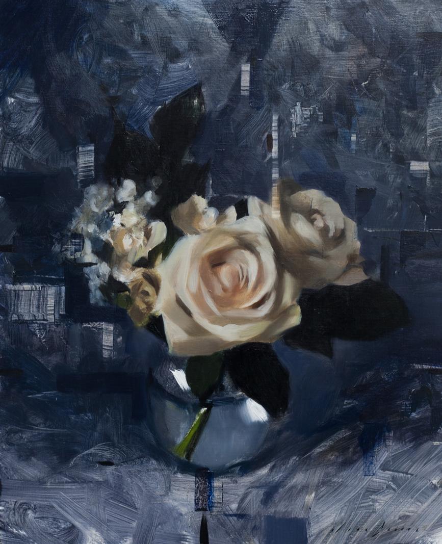 Jon Doran Still-Life Painting - White Roses and Dark Blue, Oil painting