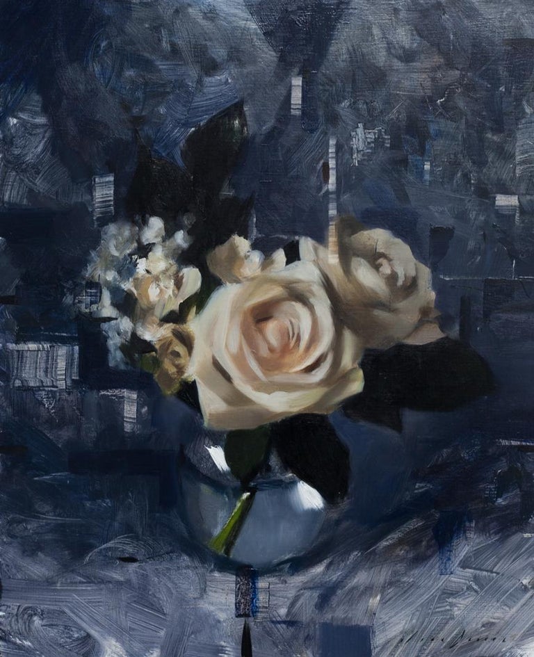 Jon Doran White Roses And Dark Blue Oil Painting At 1stdibs