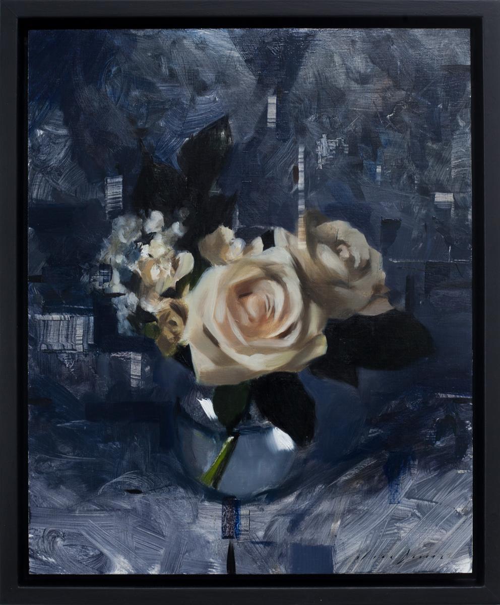 White Roses and Dark Blue, Oil painting - Painting by Jon Doran
