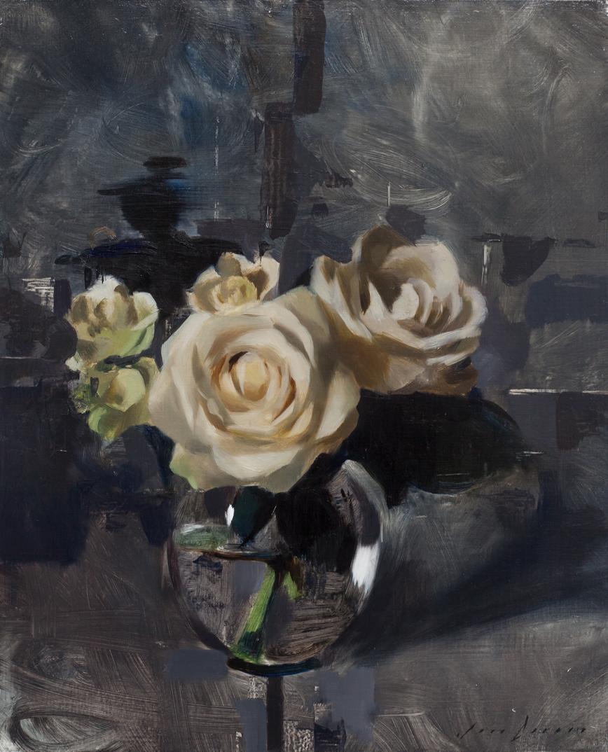 Jon Doran Still-Life Painting - White Roses and Dark Grey, Oil painting