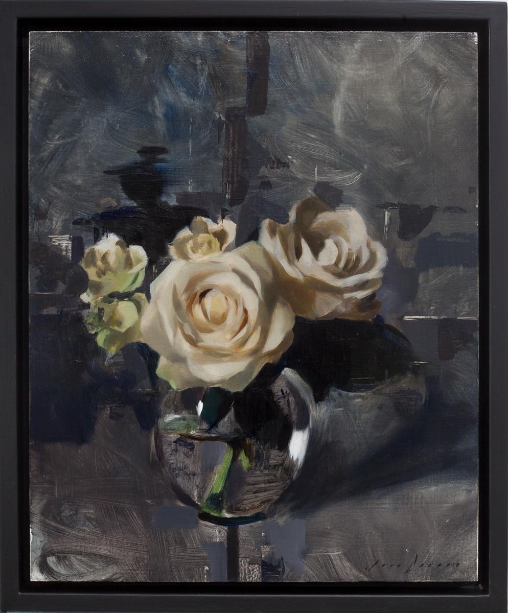 White Roses and Dark Grey, Oil painting - Painting by Jon Doran