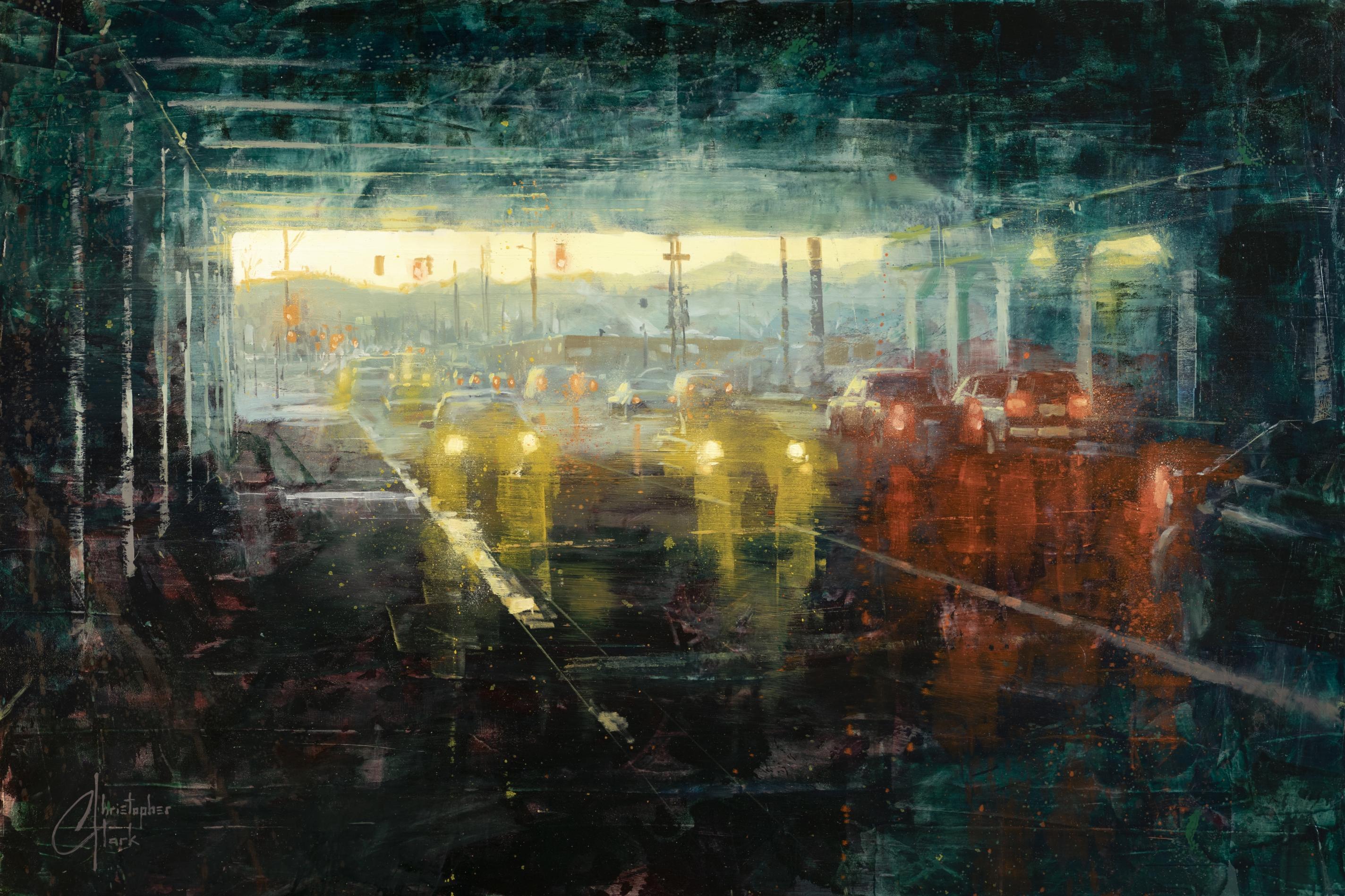 Landscape Painting Christopher Clark - Denver - Under the 8th St Bridge, peinture à l'huile