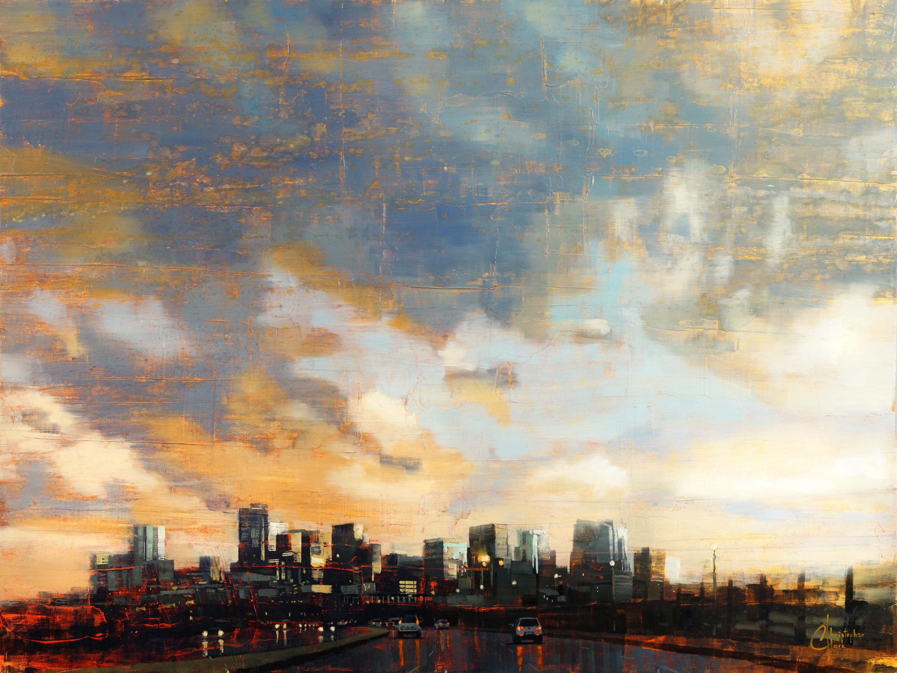 Landscape Painting Christopher Clark - La ligne d'horizon de Denver sous le tempête d'après-midi, peinture à l'huile