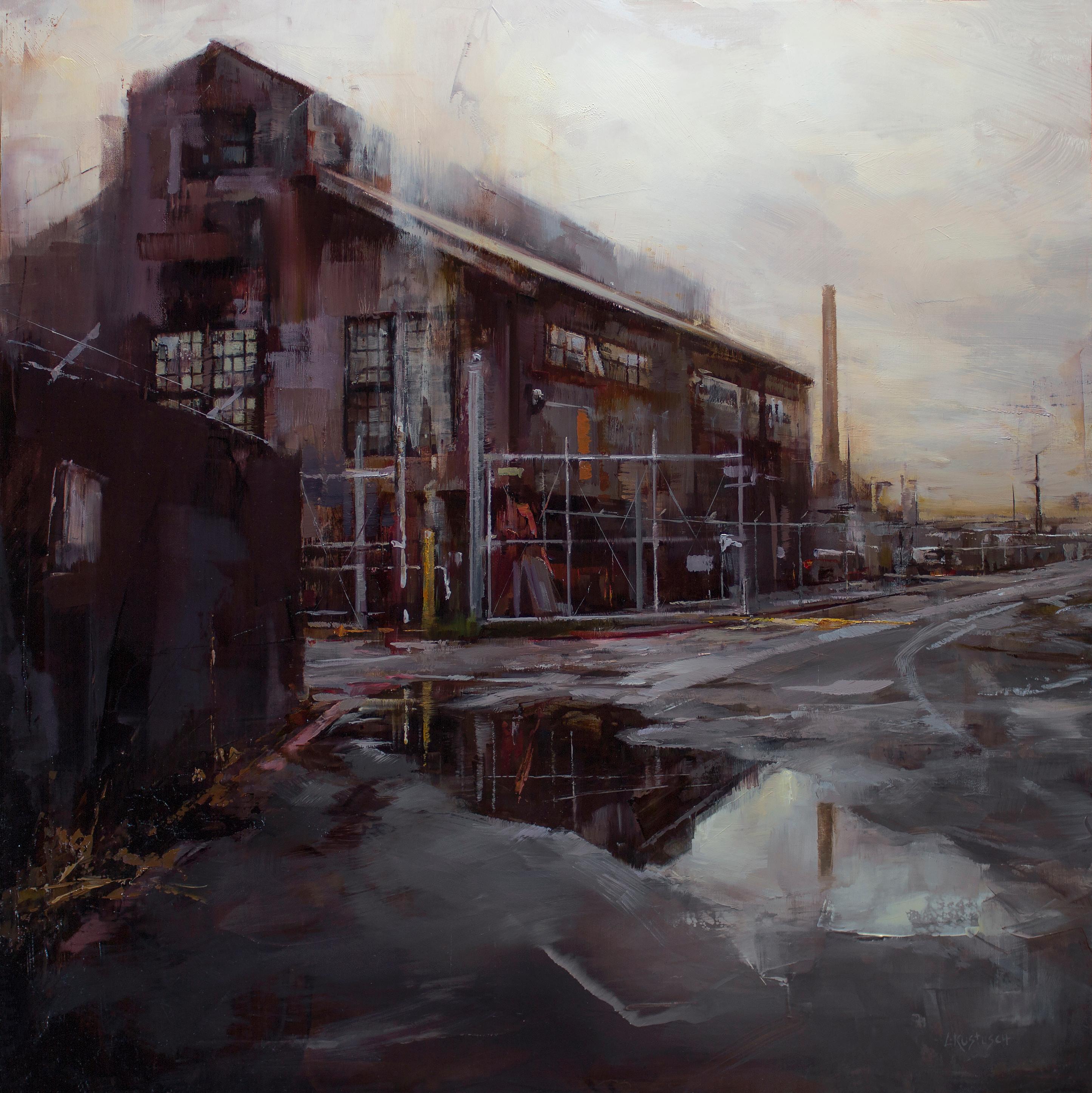 Lindsey Kustusch Landscape Painting - The Quiet of Old Industry, Oil painting