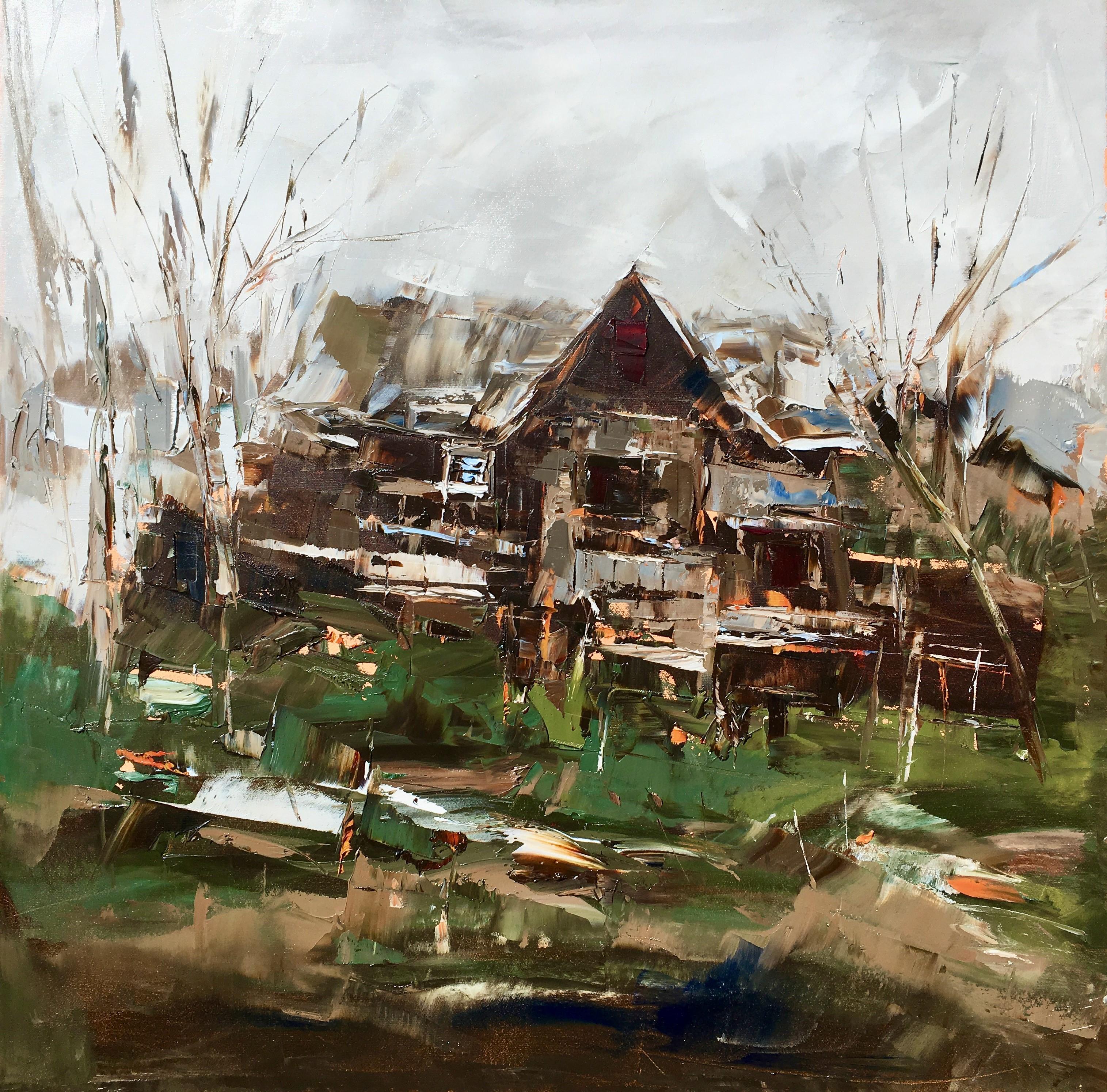 Sandra Pratt Landscape Painting - Forgotten Cabin, Oil painting