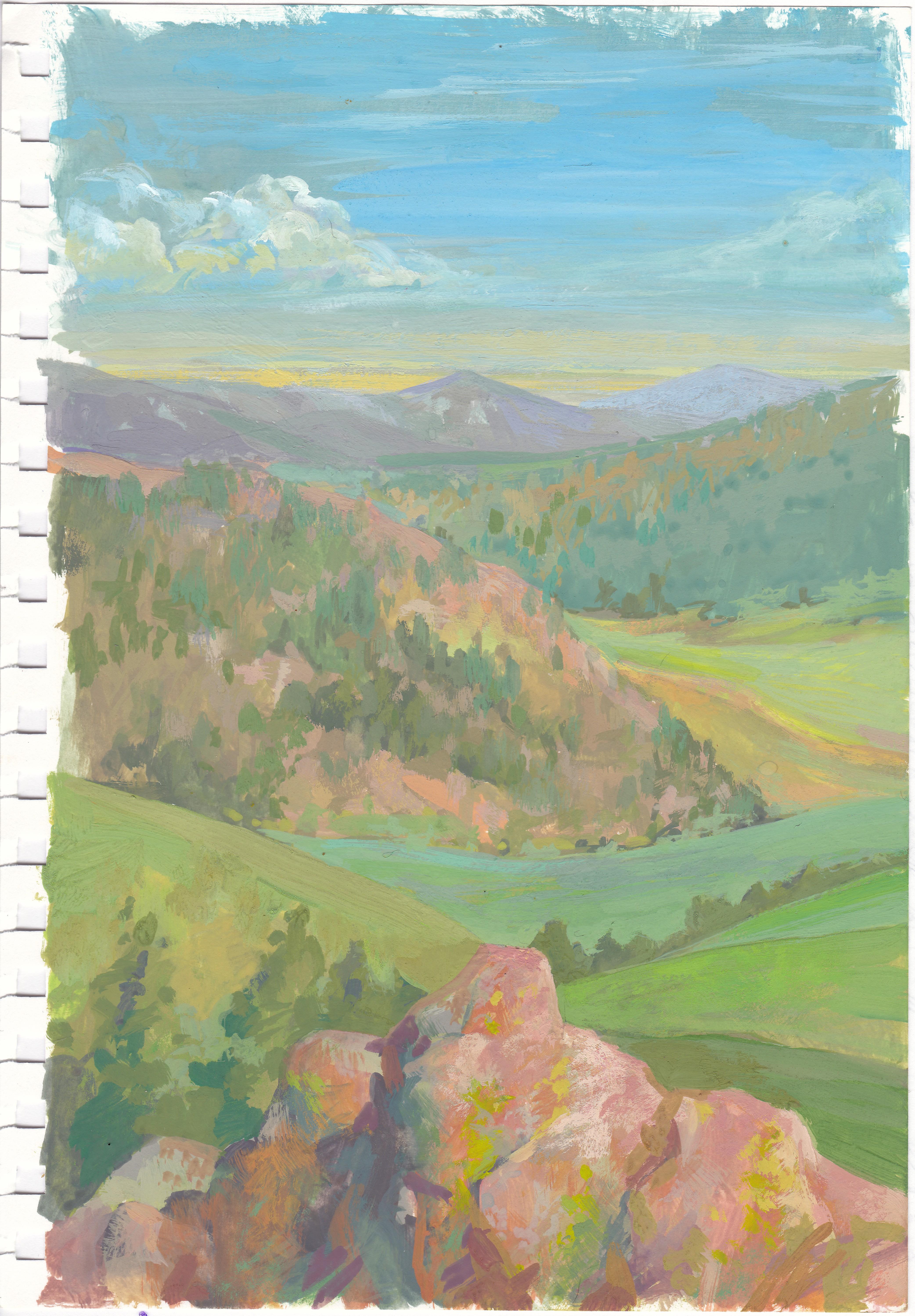Landscape Painting Charis Carmichael Braun - ""Étude : Le rocher rose et la vallée", peinture à la gouache sur papier