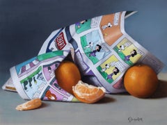 "Clementines and Comics, " Oil painting