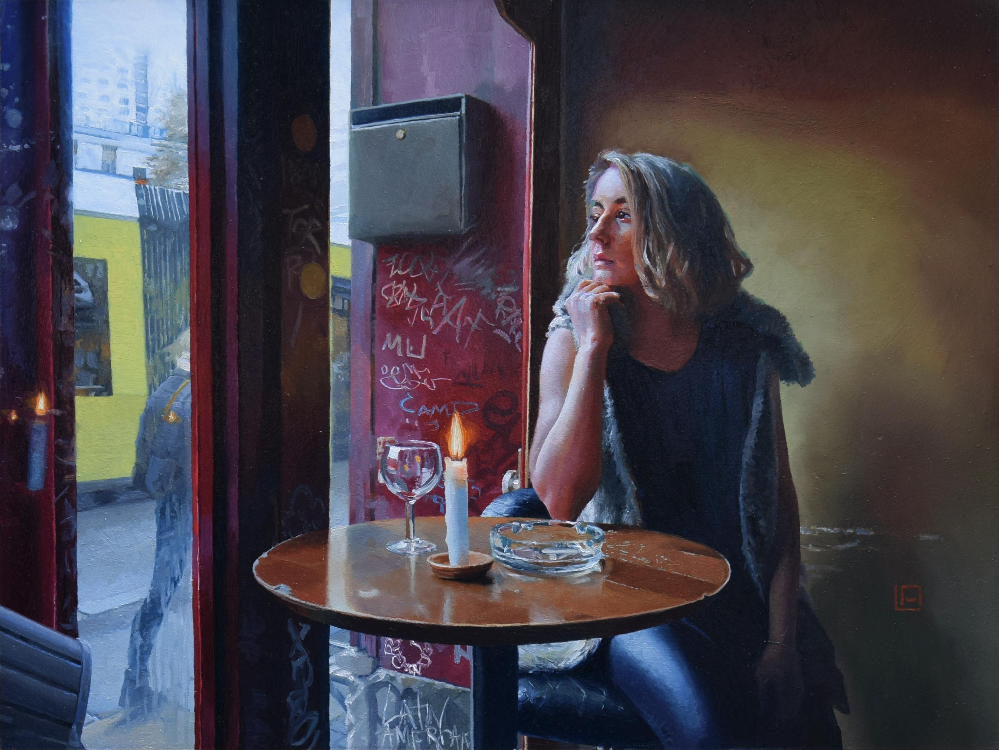 Linda Delahaye Figurative Painting - "Table For One" Oil Painting