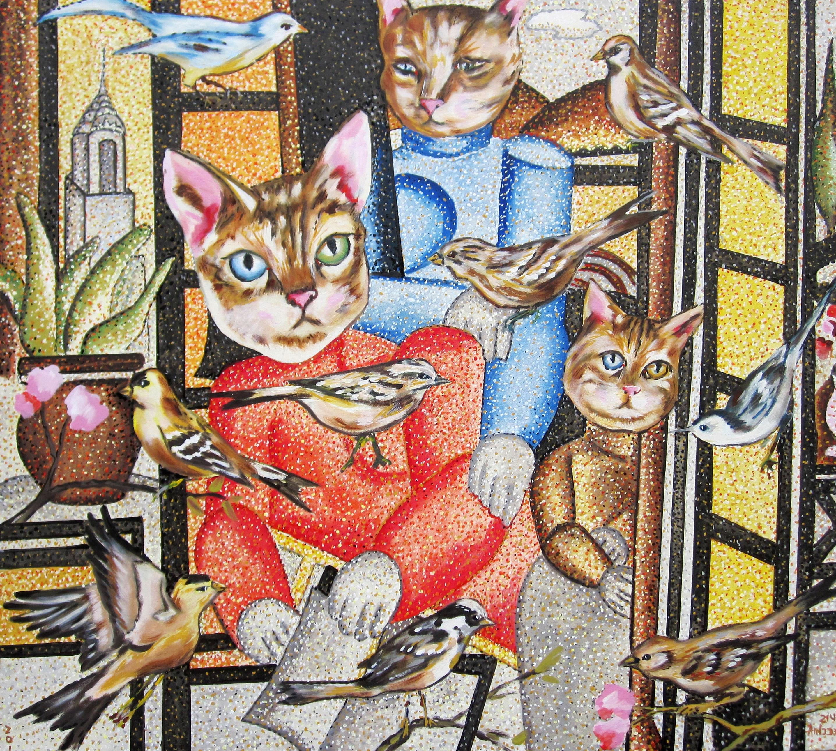 Animal Painting Louis Recchia - Peinture à l'huile d'unité familiale 