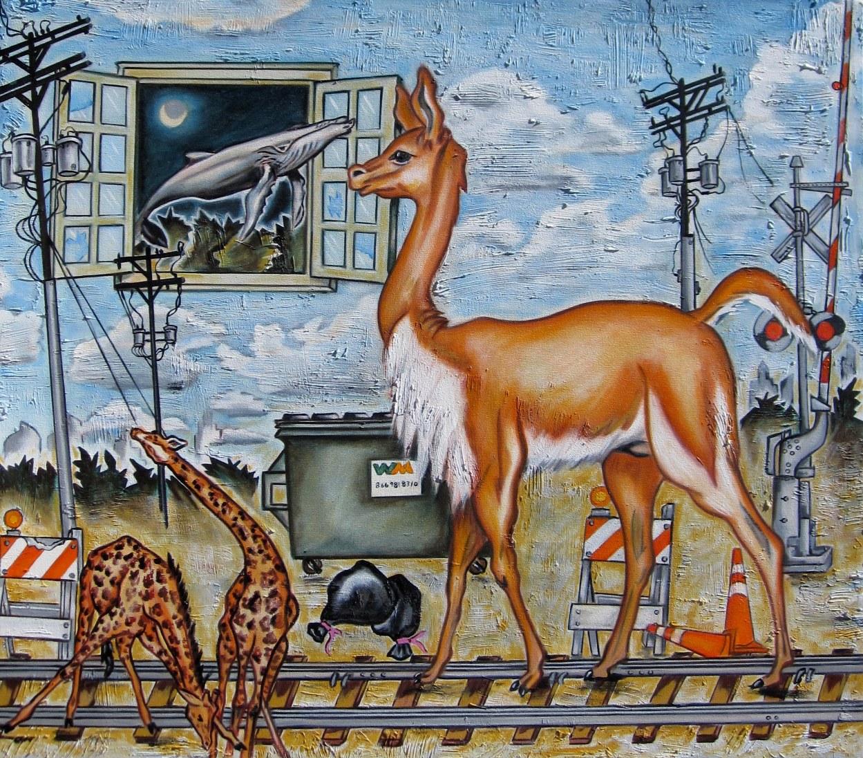 Animal Painting Louis Recchia - Peinture à l'huile "Urban Zoo" 