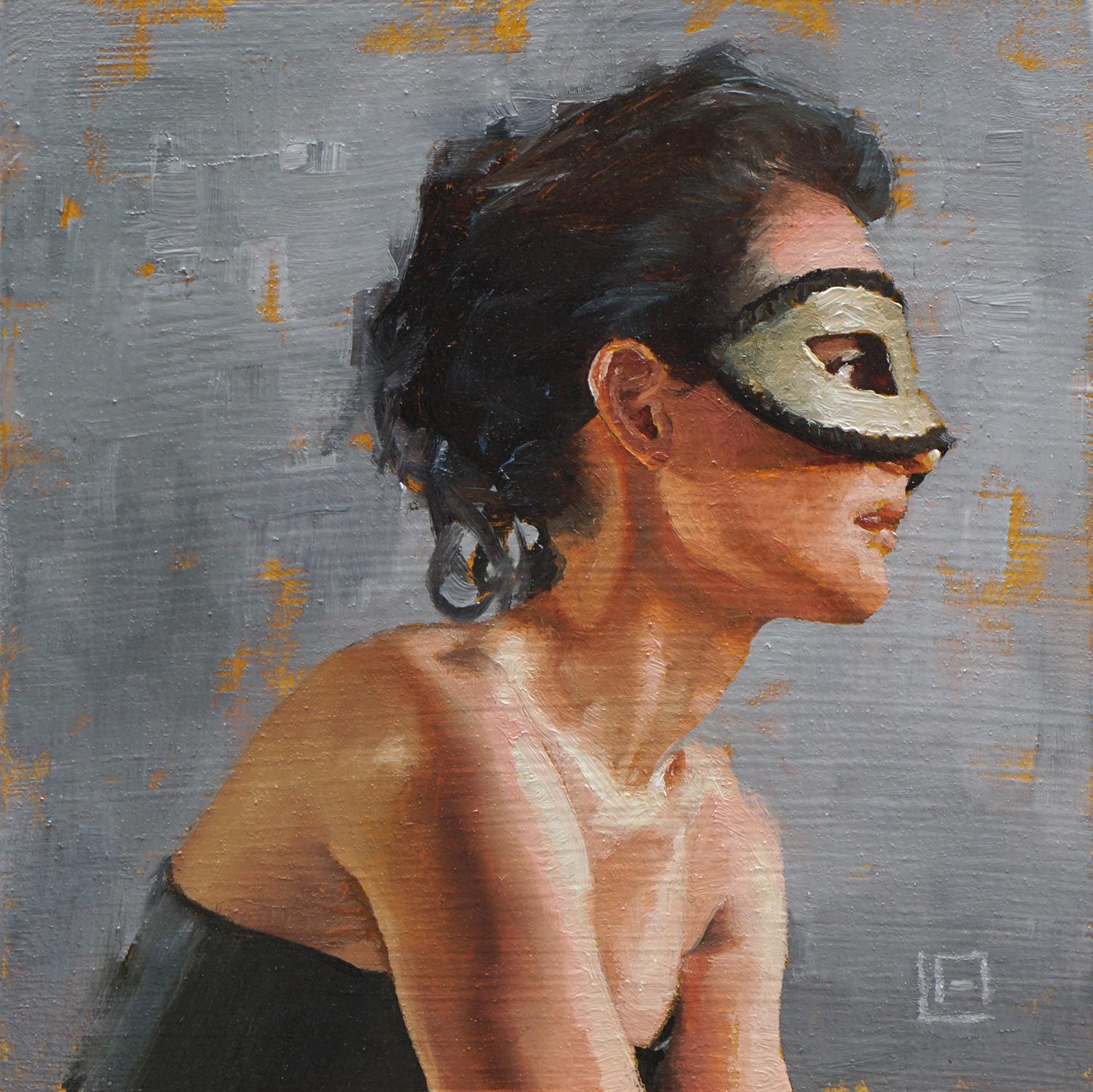 Linda Delahaye Figurative Painting - "Lady with Mask" Oil Painting