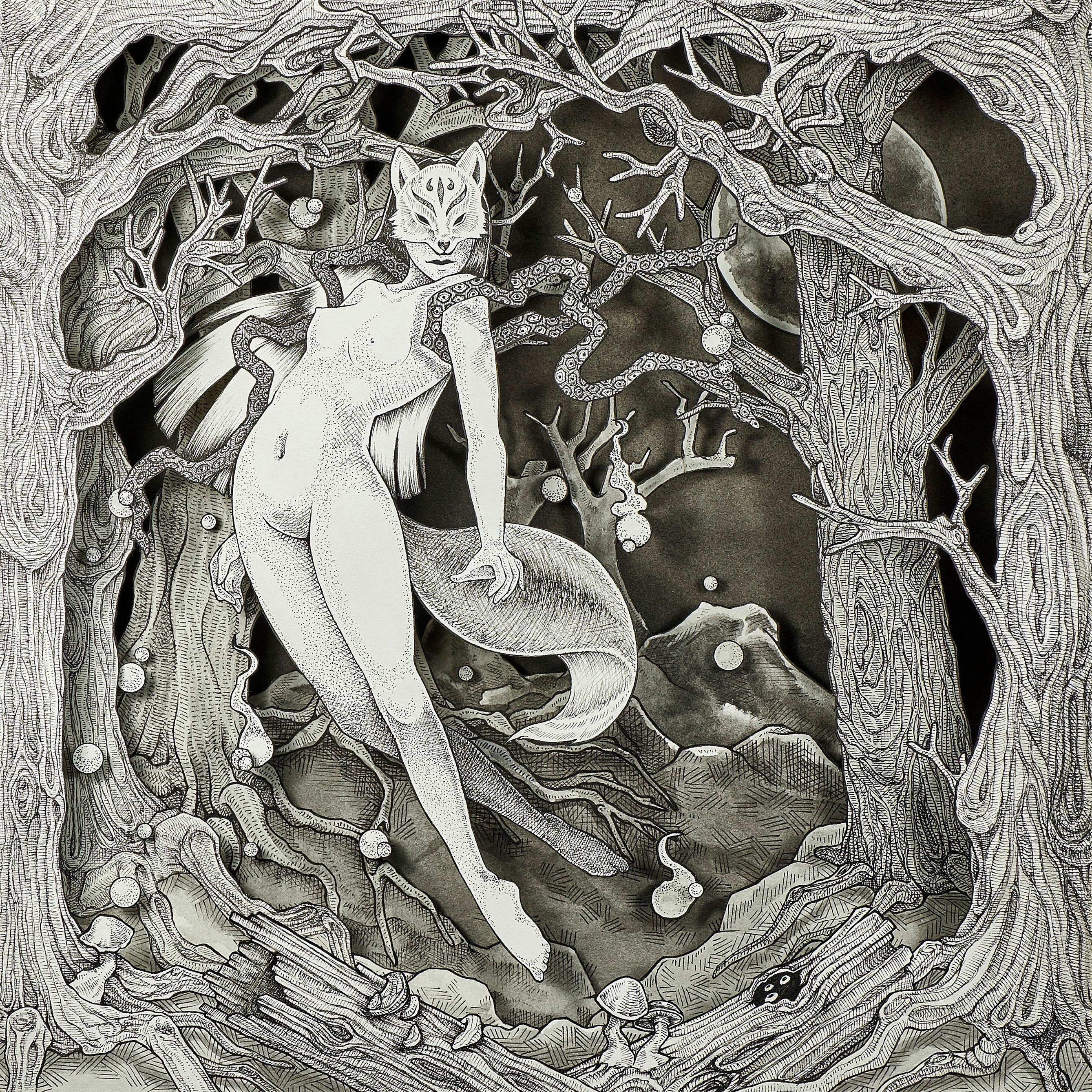 Daria Aksenova Figurative Art - "Kitsune-Ken" Mixed Media Drawing
