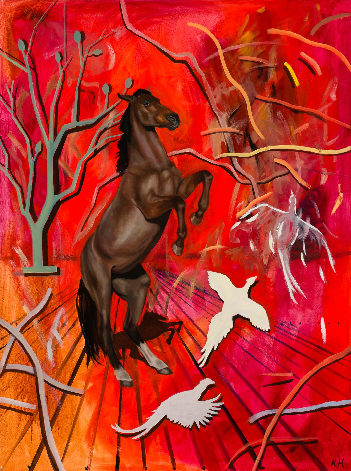 Animal Painting Robin Hextrum - Peinture à l'huile « Red Storm » (sombre rouge)