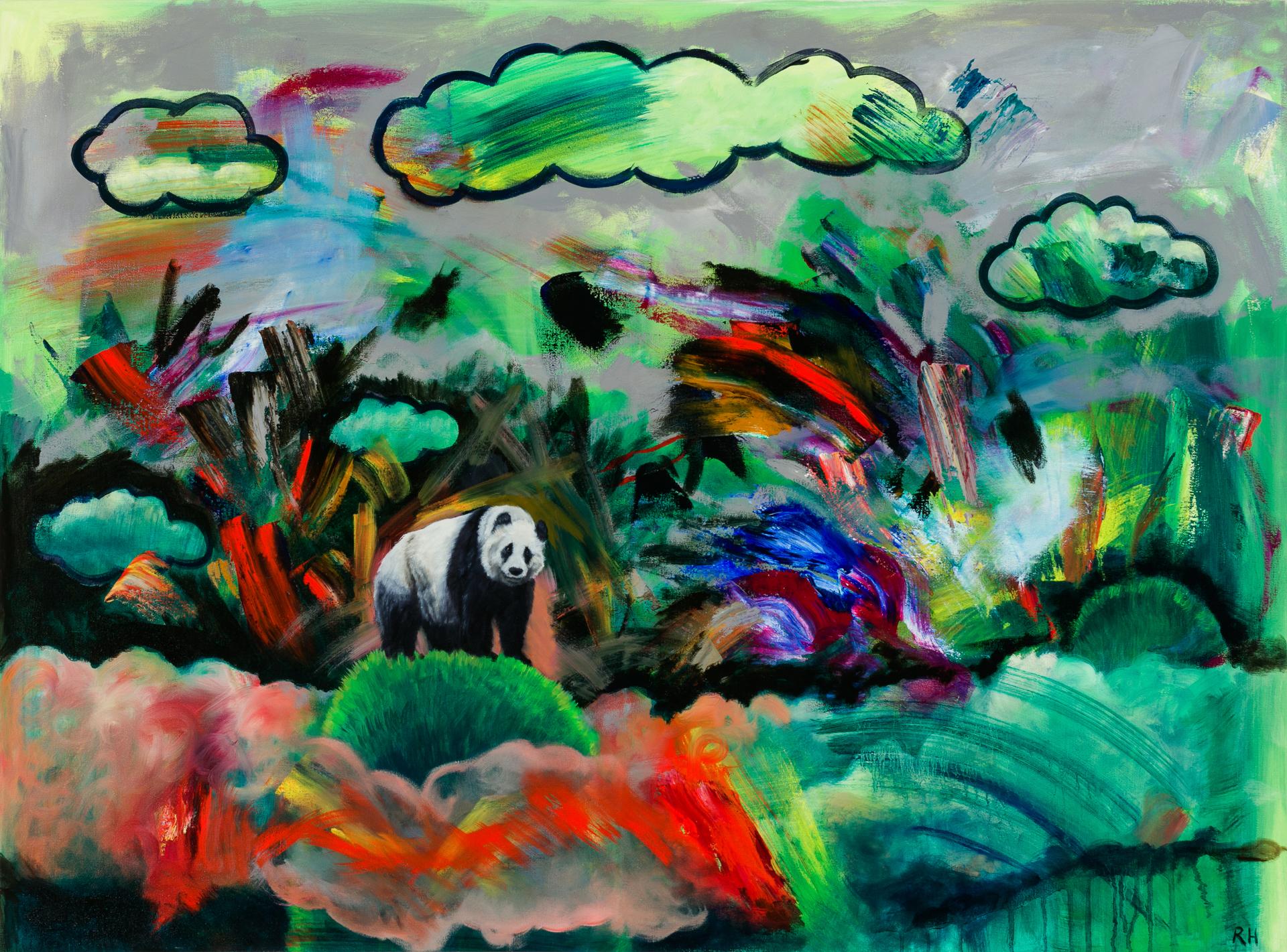 Robin Hextrum Landscape Painting - "Panda in the Clouds" Oil Painting