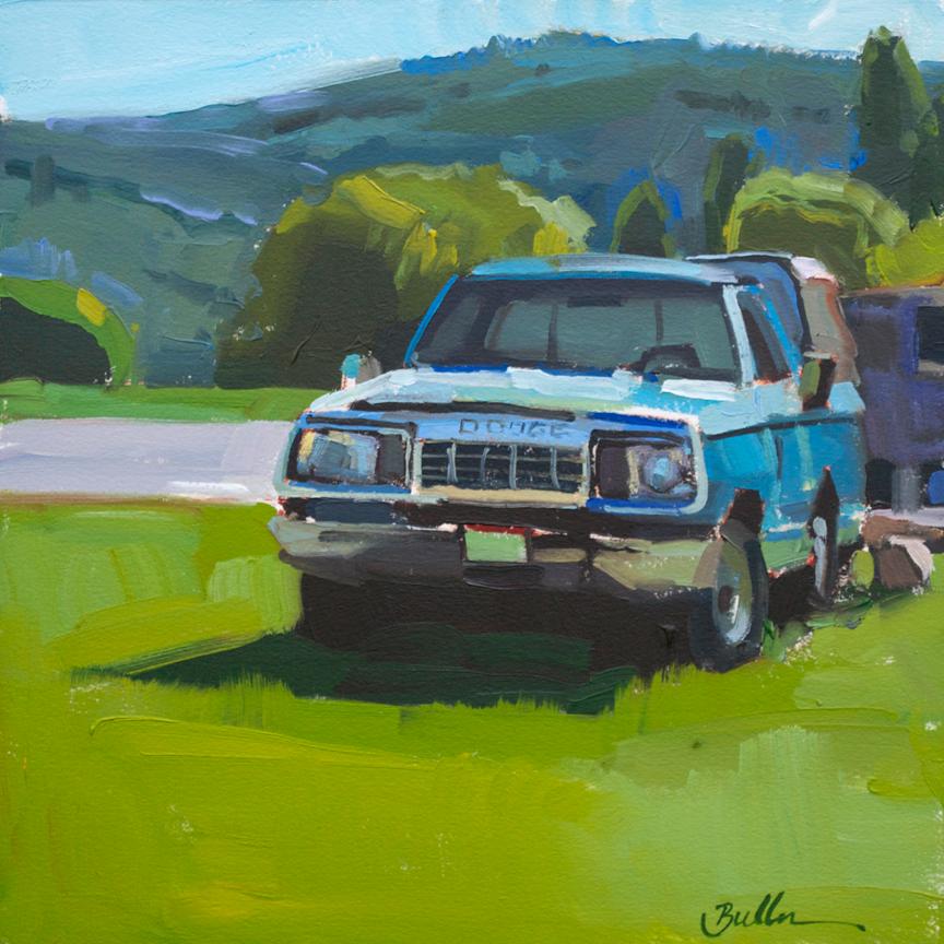 Samantha Buller Figurative Painting - "A Blue Dodge" Oil Painting