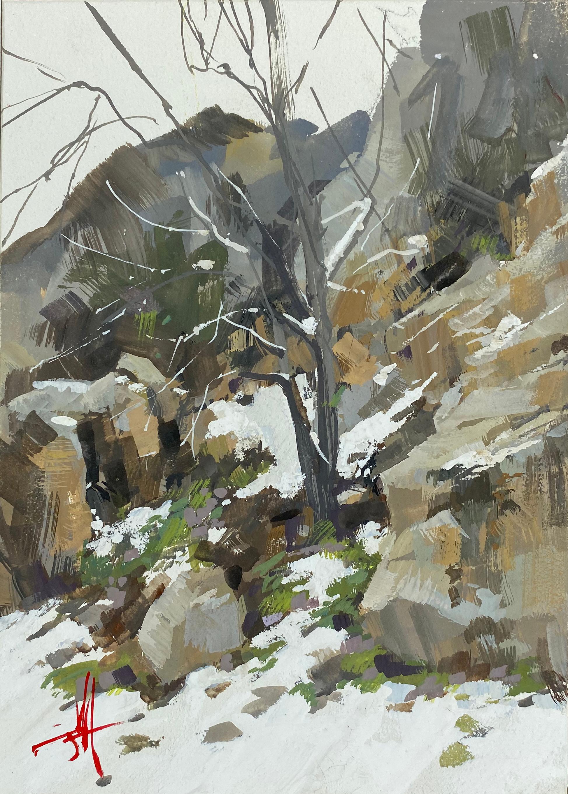 Judd Mercer Landscape Painting - "Snow Slope" Gouache Painting