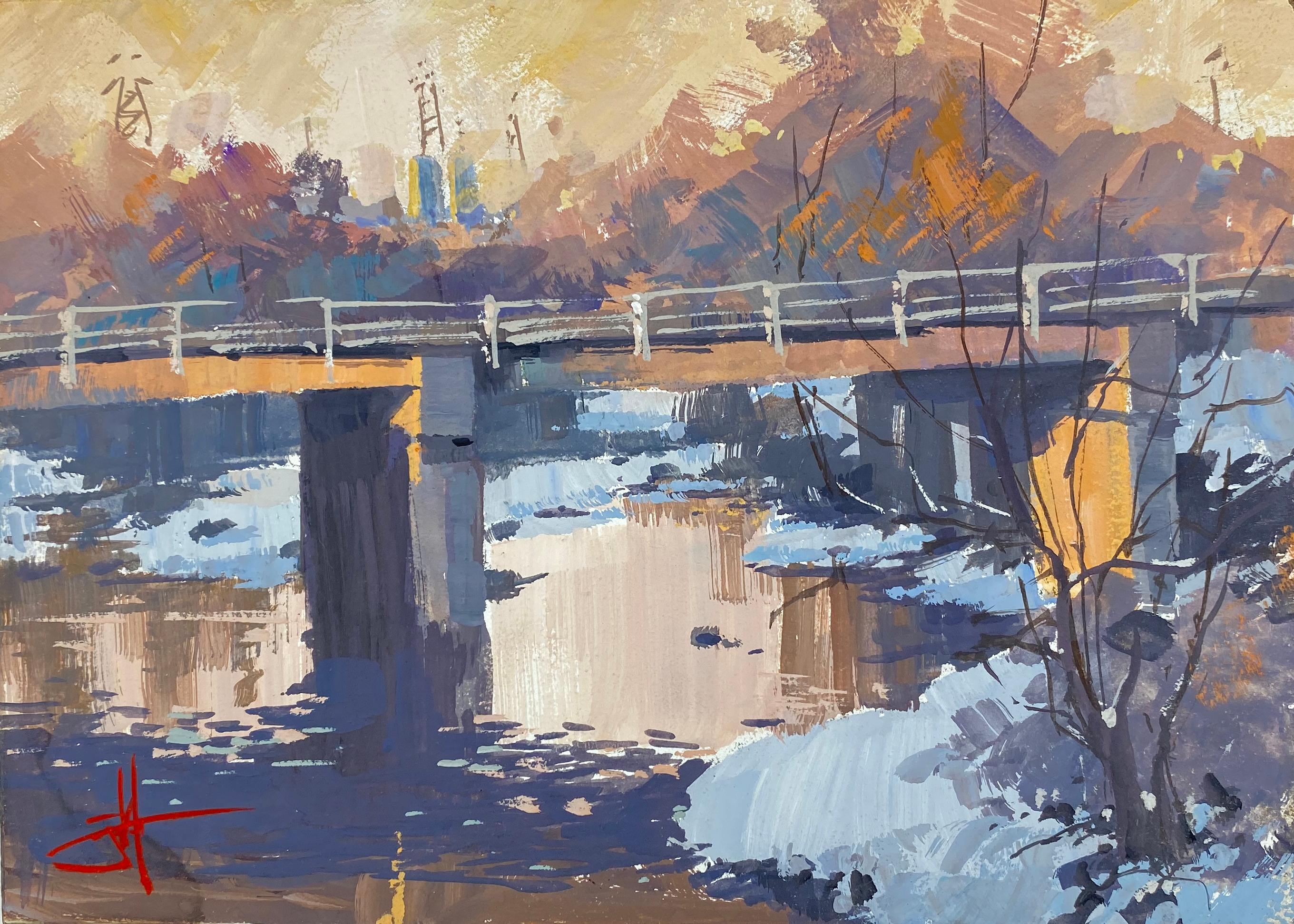 Judd Mercer Figurative Painting - "Cold Overpass" Gouache Painting