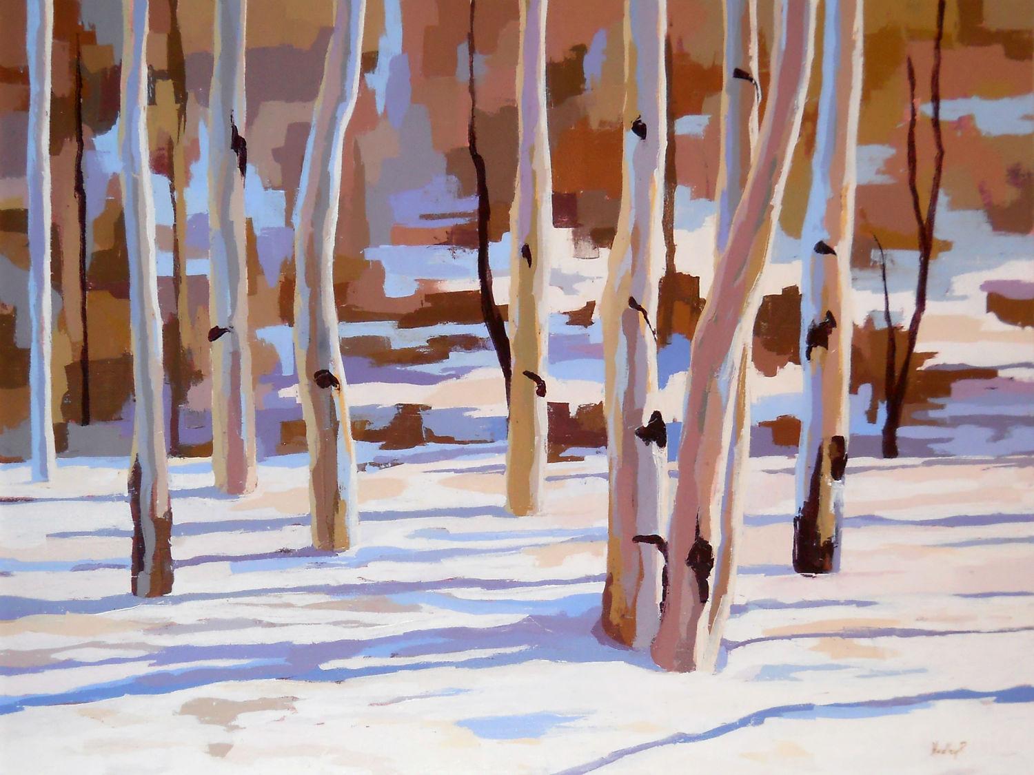La peinture à l'huile "Fugue in Blue" de Hadley Rampton (basée aux États-Unis) représente un groupe d'arbres dépourvus de feuilles, la lumière qui traverse leurs branches créant des ombres et des motifs sur la neige en contrebas. 

Née à Salt Lake
