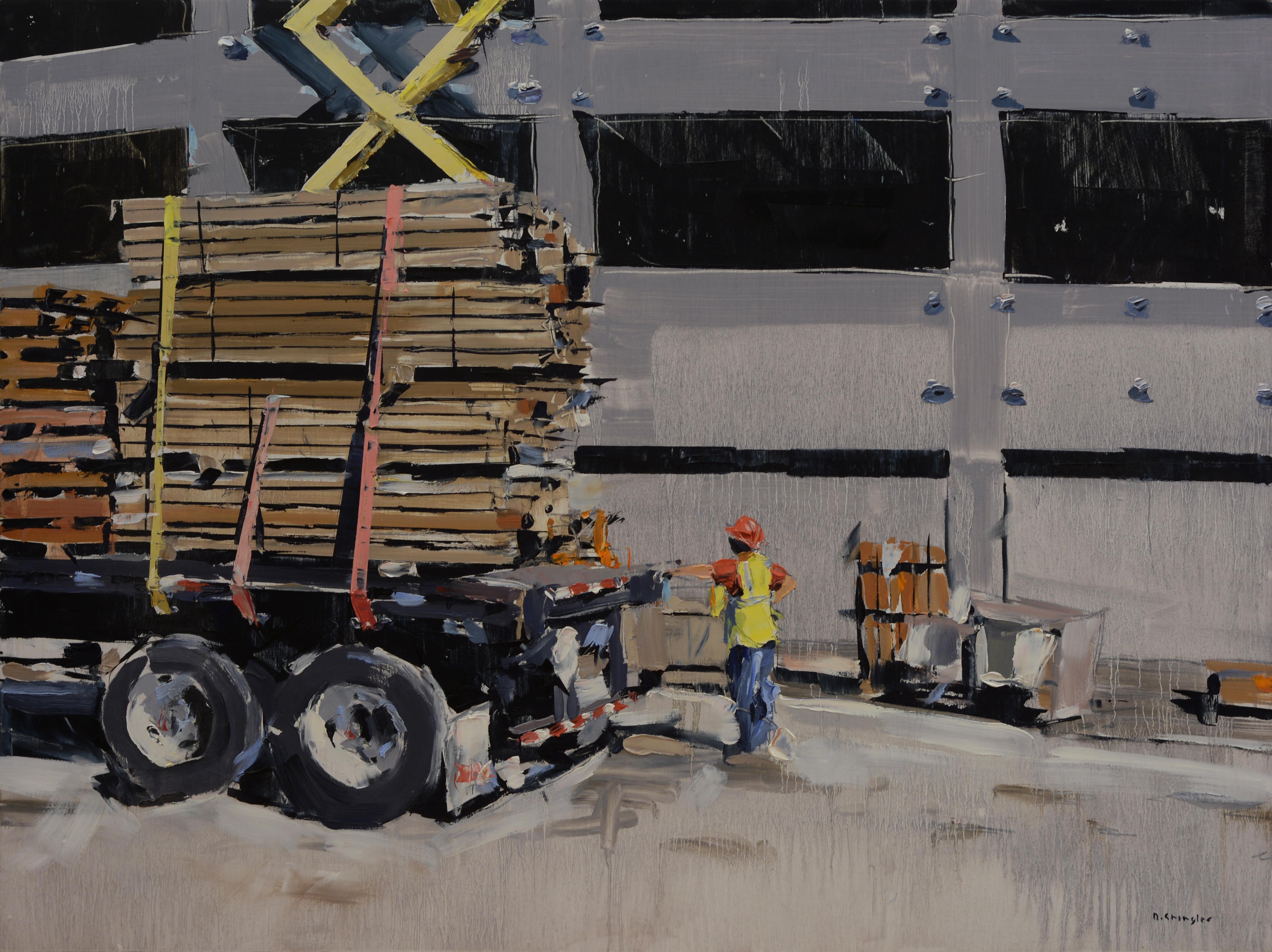 Landscape Painting David Shingler - Peinture à l'huile « Unloading Truck » (automobile de décharge)
