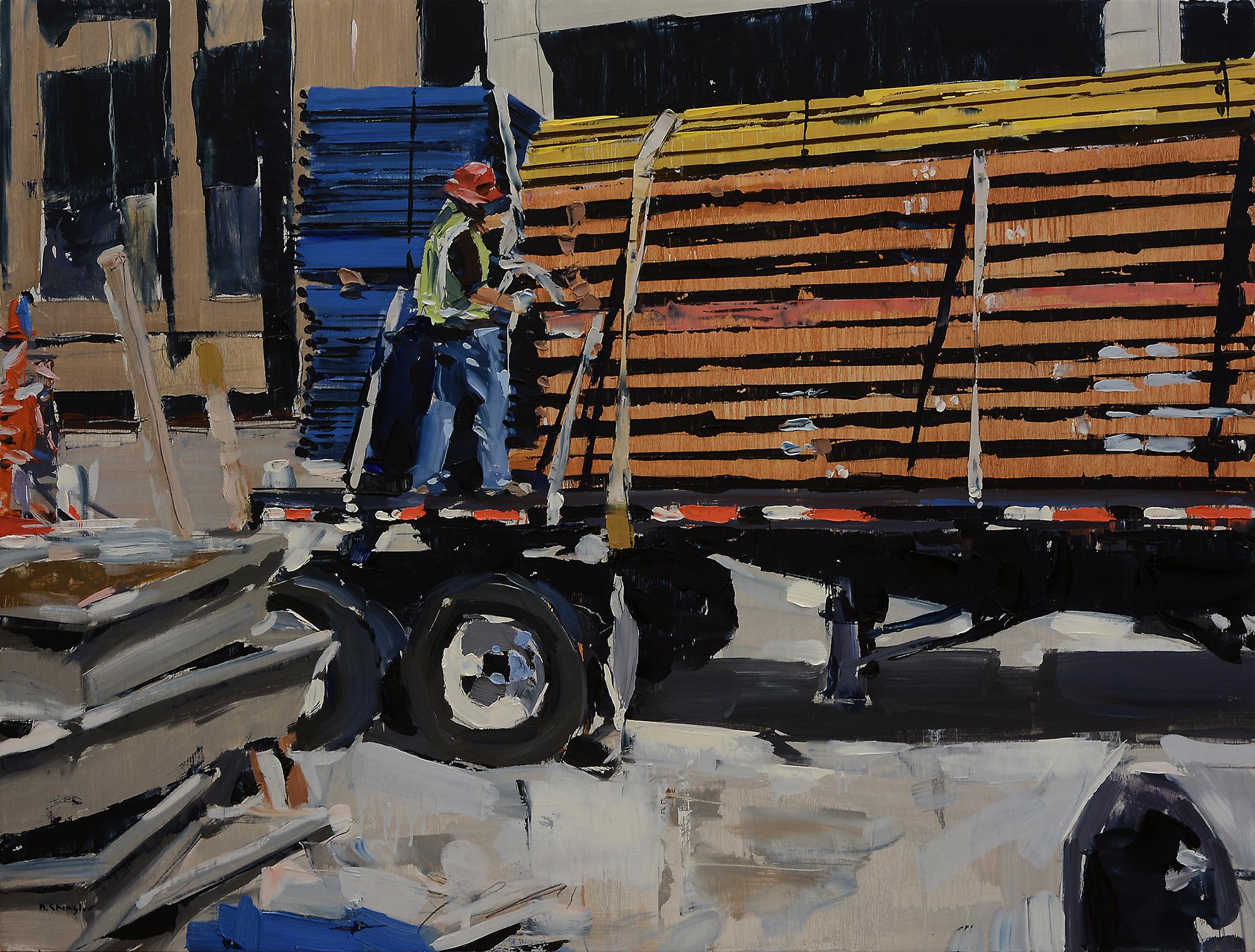 David Shingler Landscape Painting - "Man on Truck" Oil Painting