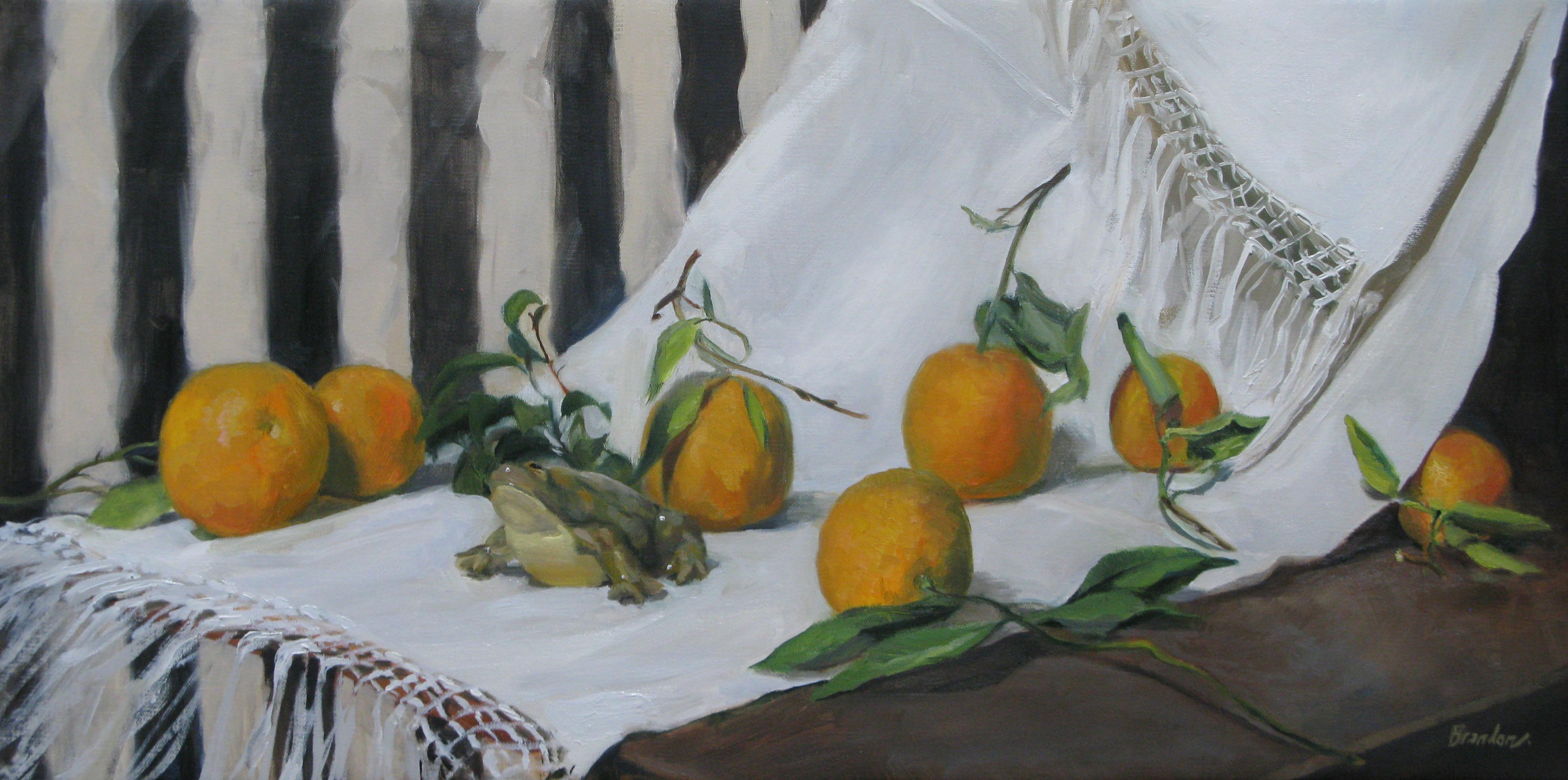 Linda Tracey Brandon Figurative Painting - "Oranges and China Frog, " Oil Painting