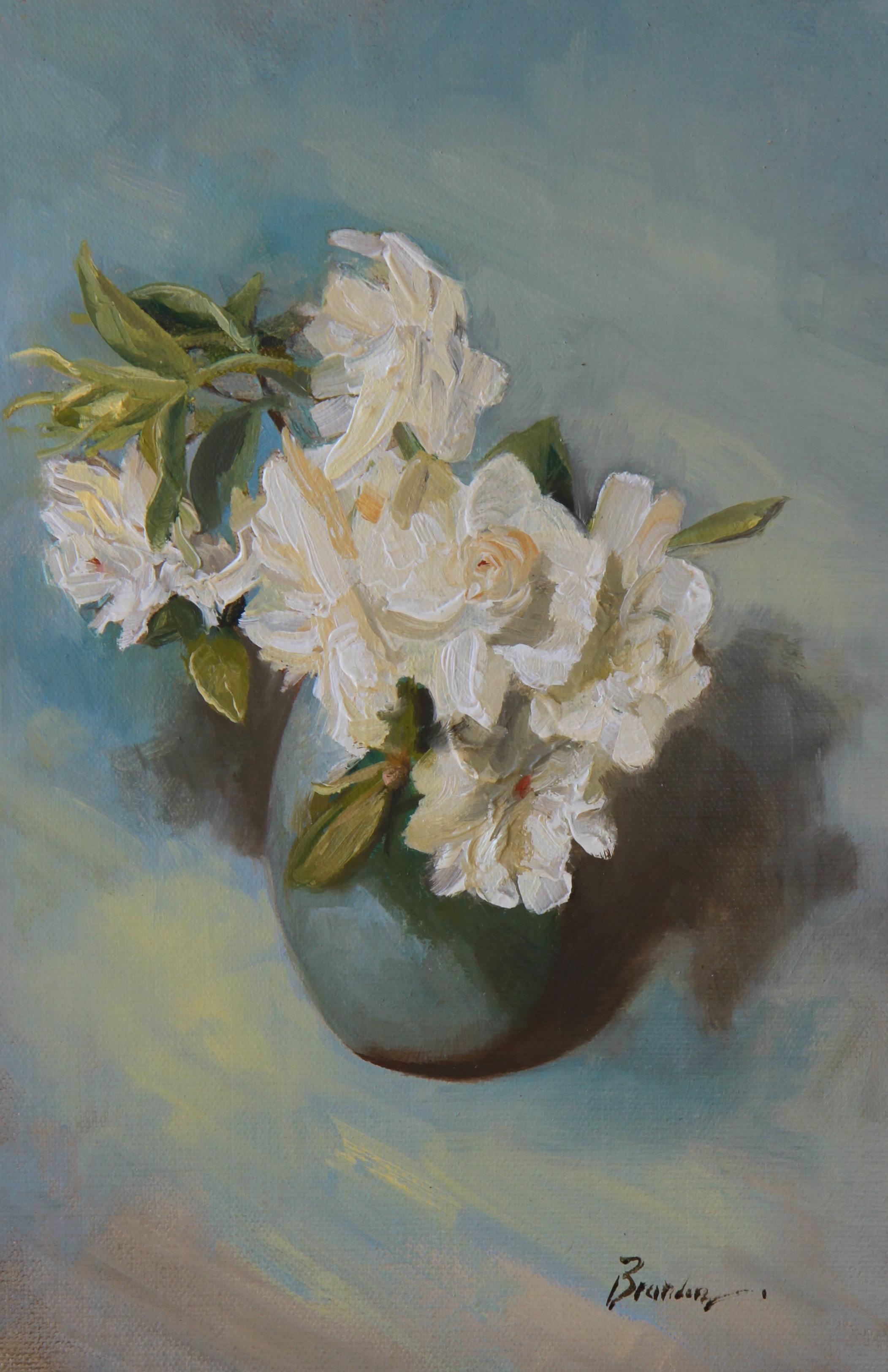 Linda Tracey Brandon Figurative Painting - "Gardenia on a Blue Table, " Oil Painting