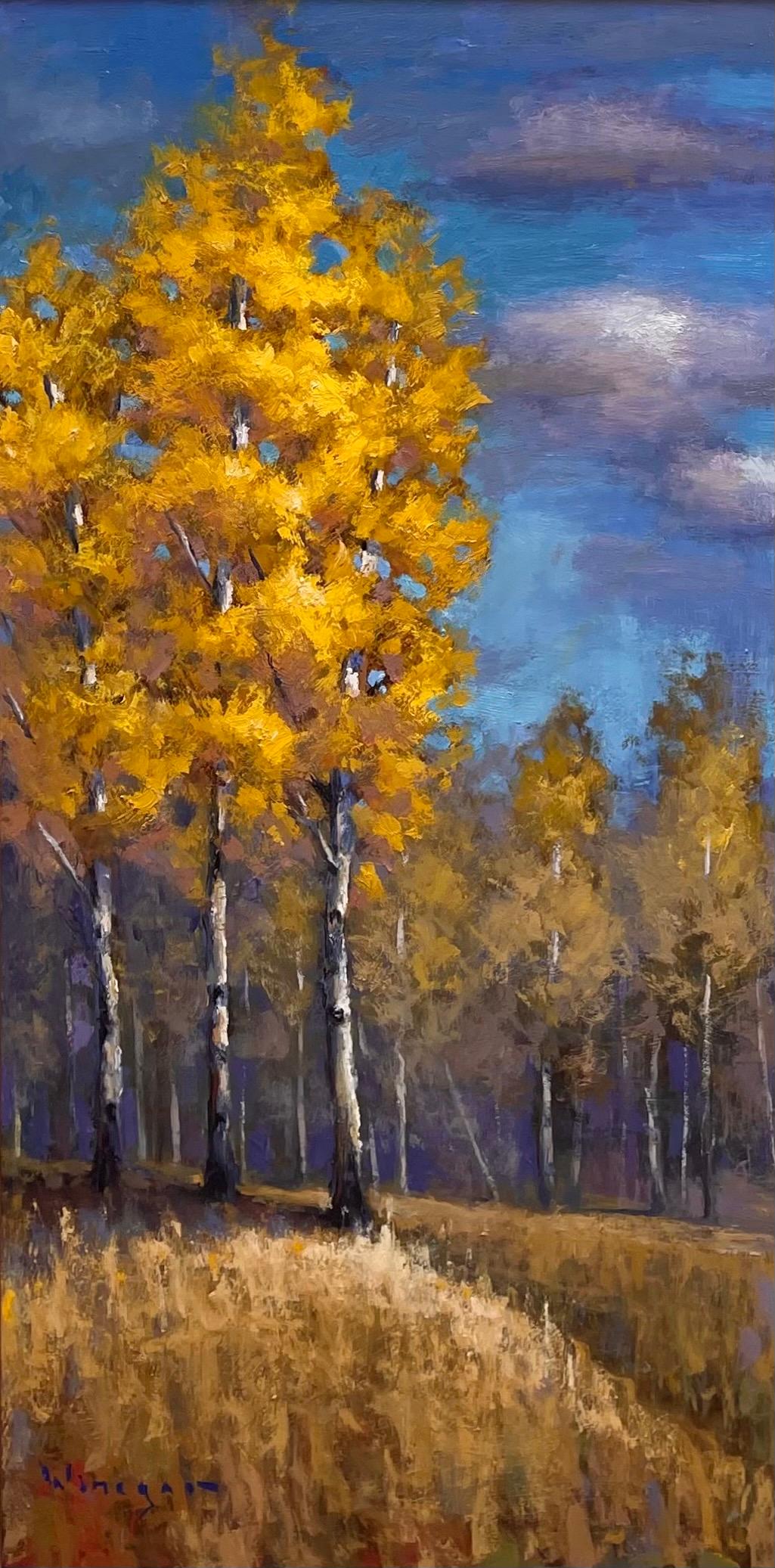 "Gold on the Trees" (Oro sugli alberi) di Seth Winegar (Stati Uniti) è un dipinto a olio originale, realizzato a mano, che raffigura le foglie gialle e brillanti degli alberi di pioppo che si stagliano sul blu del cielo nuvoloso. 

Bio/dichiarazione