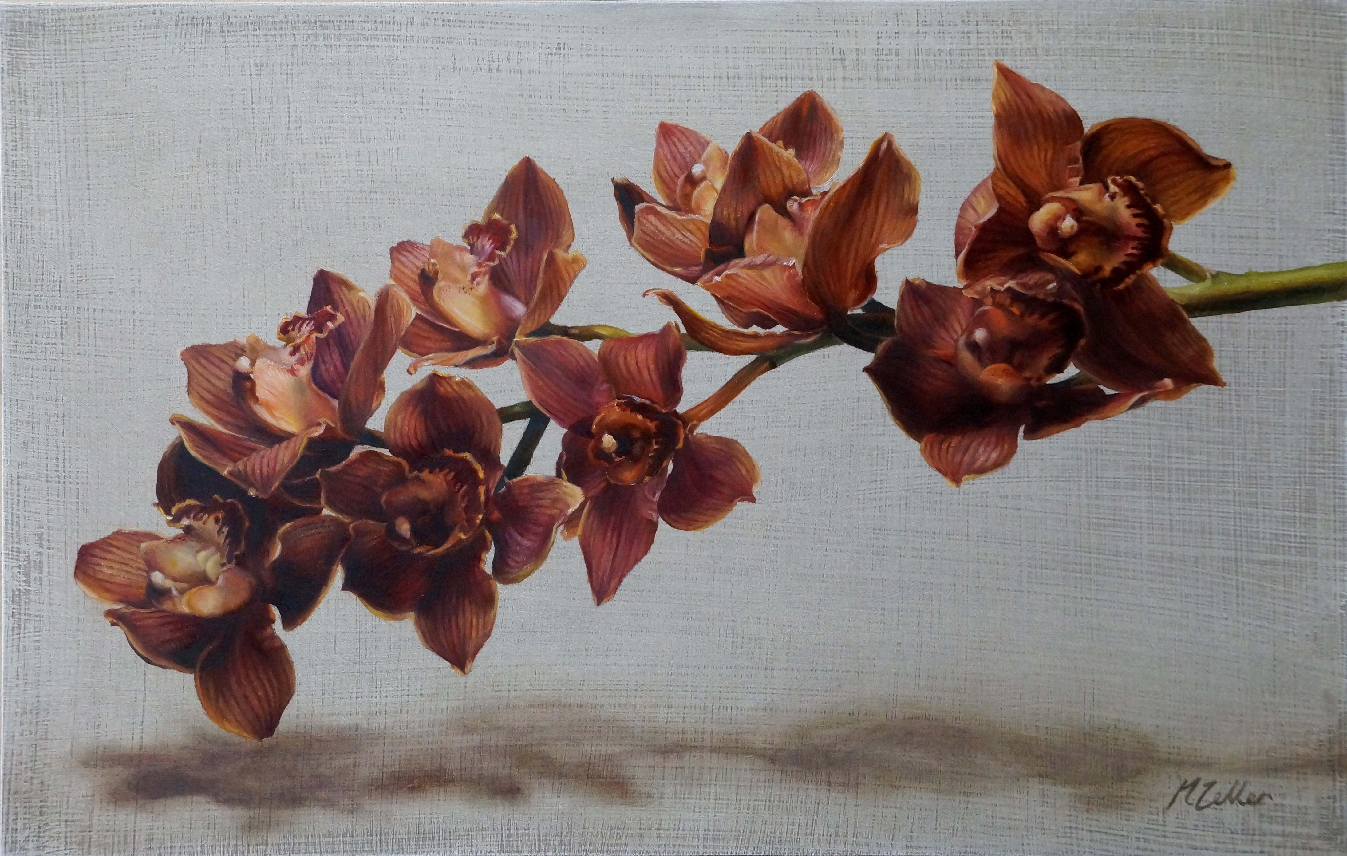 Narelle Zeller Figurative Painting - "Cymbidium Orchids II" Oil painting