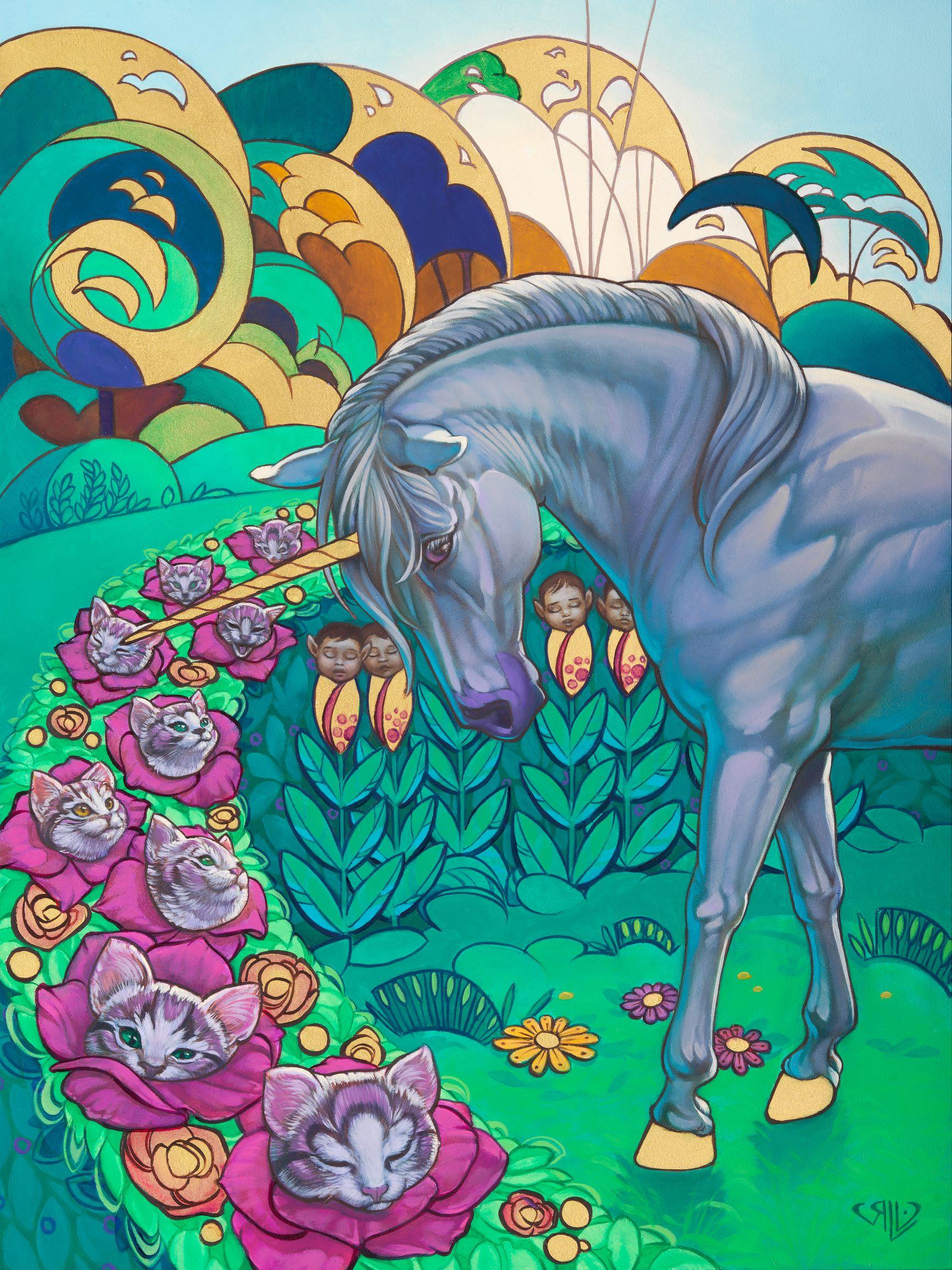 Rhonda Libbey Animal Painting - "The Unicorn's Garden, " Oil painting