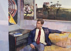 "Solaris" - Pittura a olio contemporanea di un uomo seduto in un interno, 2020