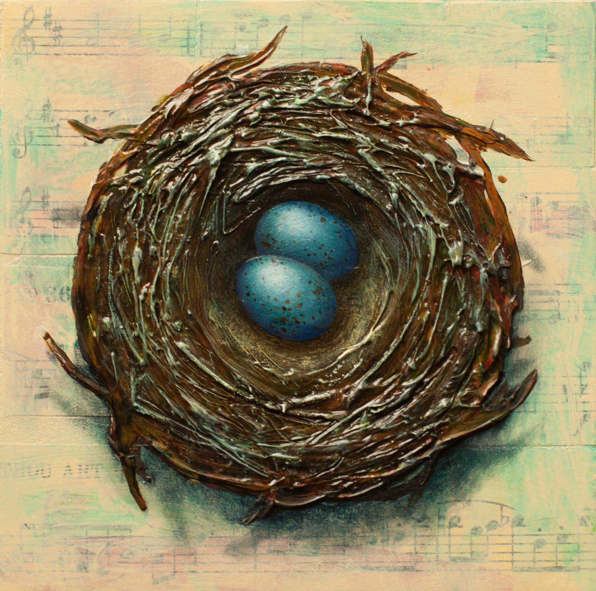 Thane Gorek Animal Painting - "Nest with Two Eggs, " Mixed Media Painting