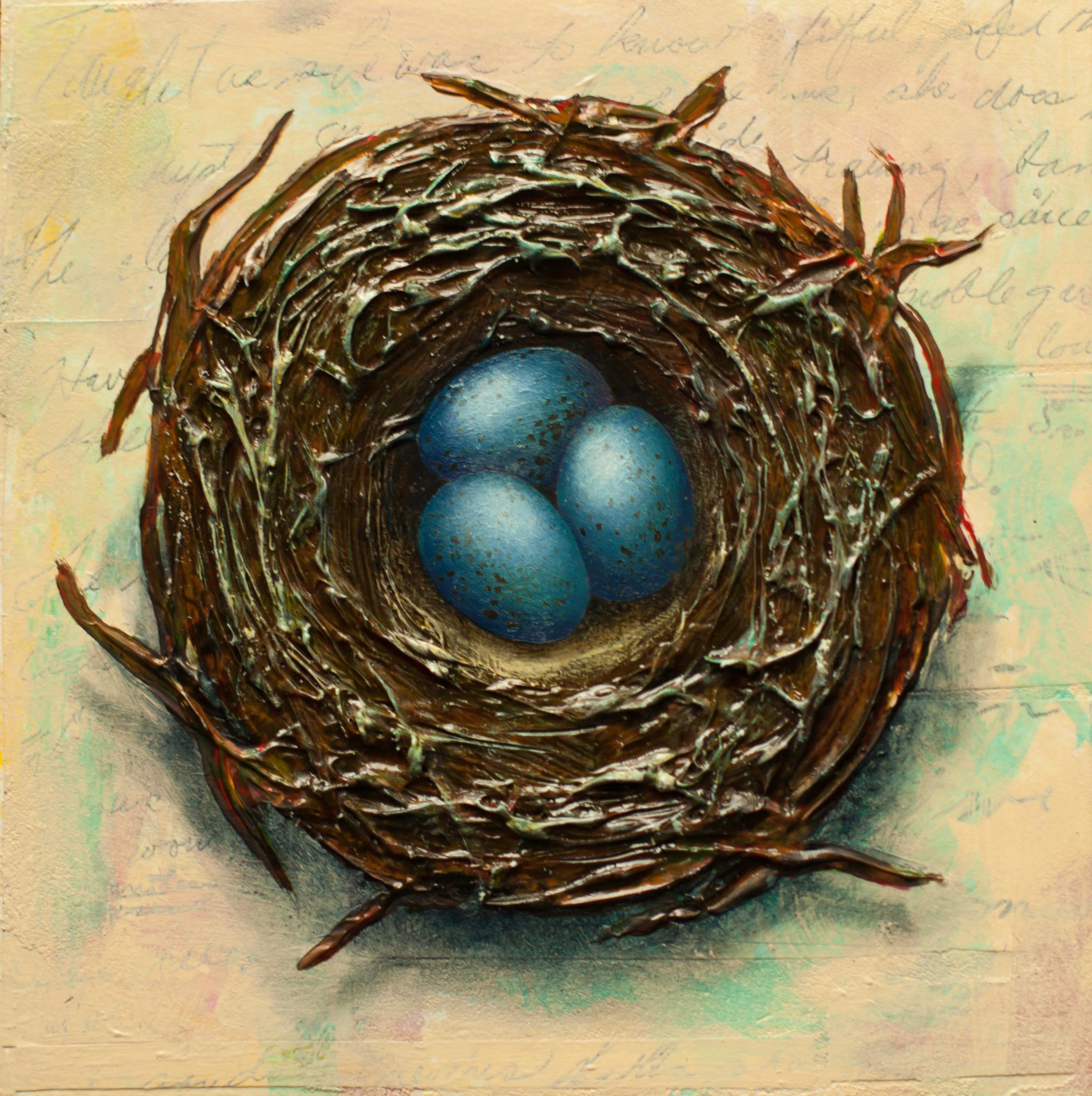 "Nest with Three Eggs, " Mixed Media Painting