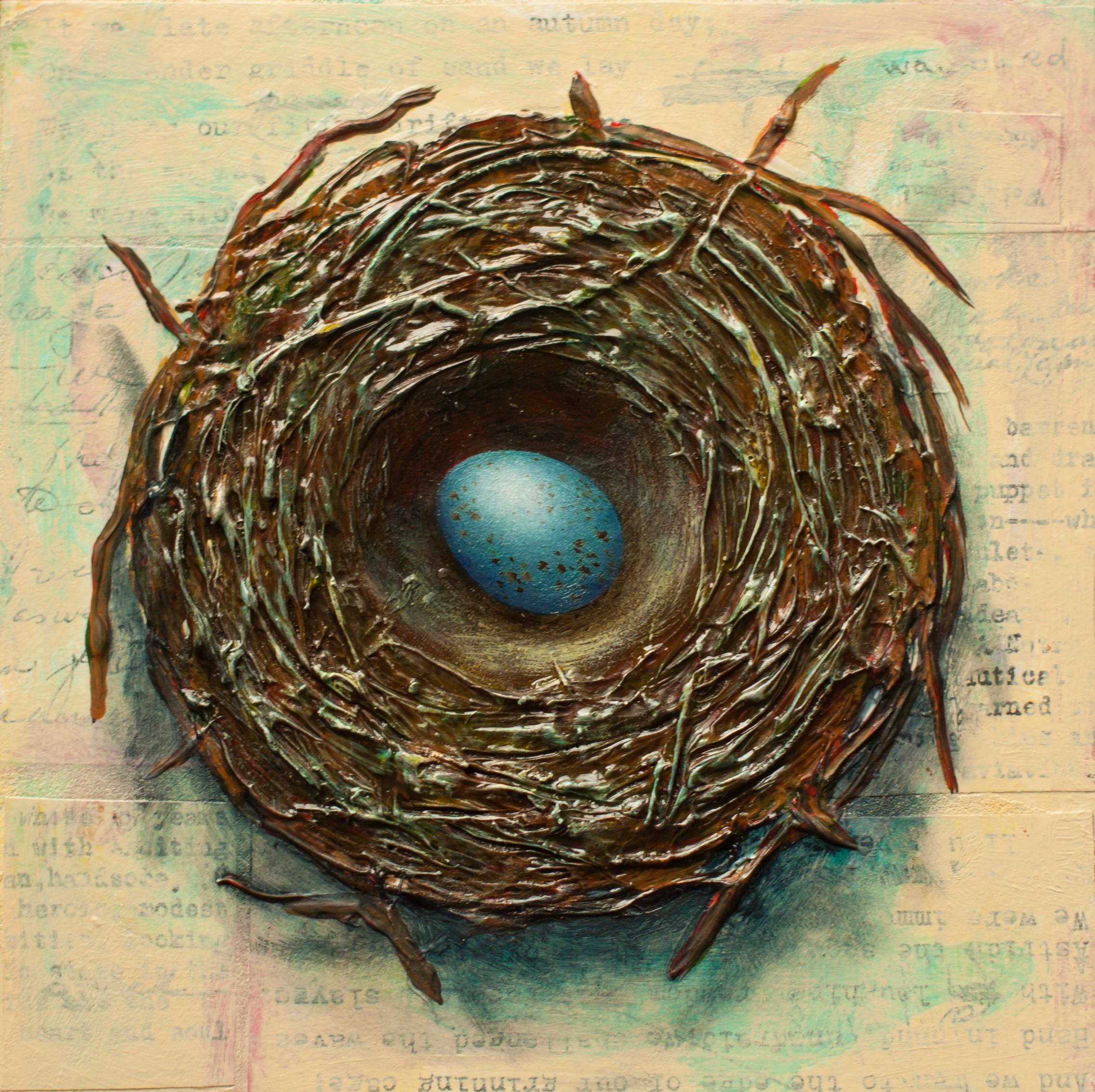 Thane Gorek Still-Life Painting – Mixed Media-Gemälde „Nest mit einem Ei“
