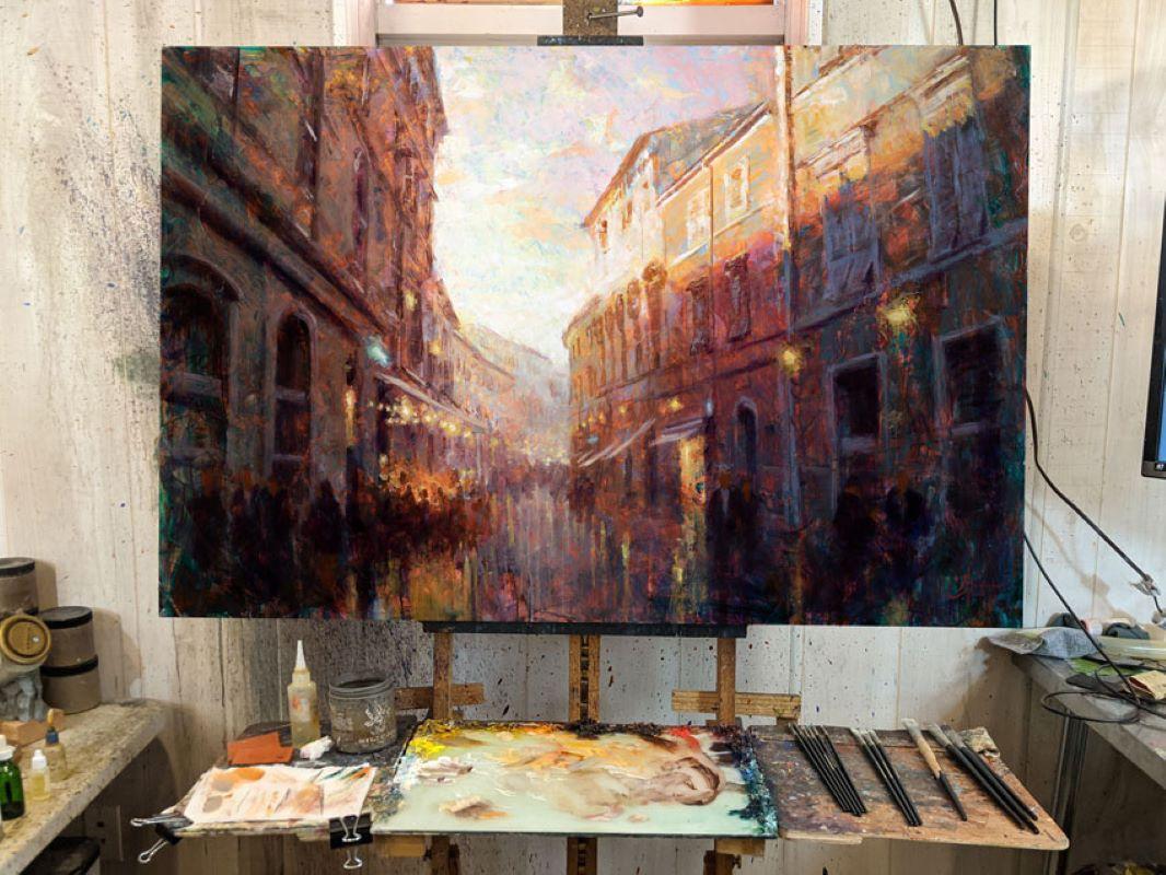 Peinture à l'huile « Bustling Alley at Dusk » - Painting de Christopher Clark