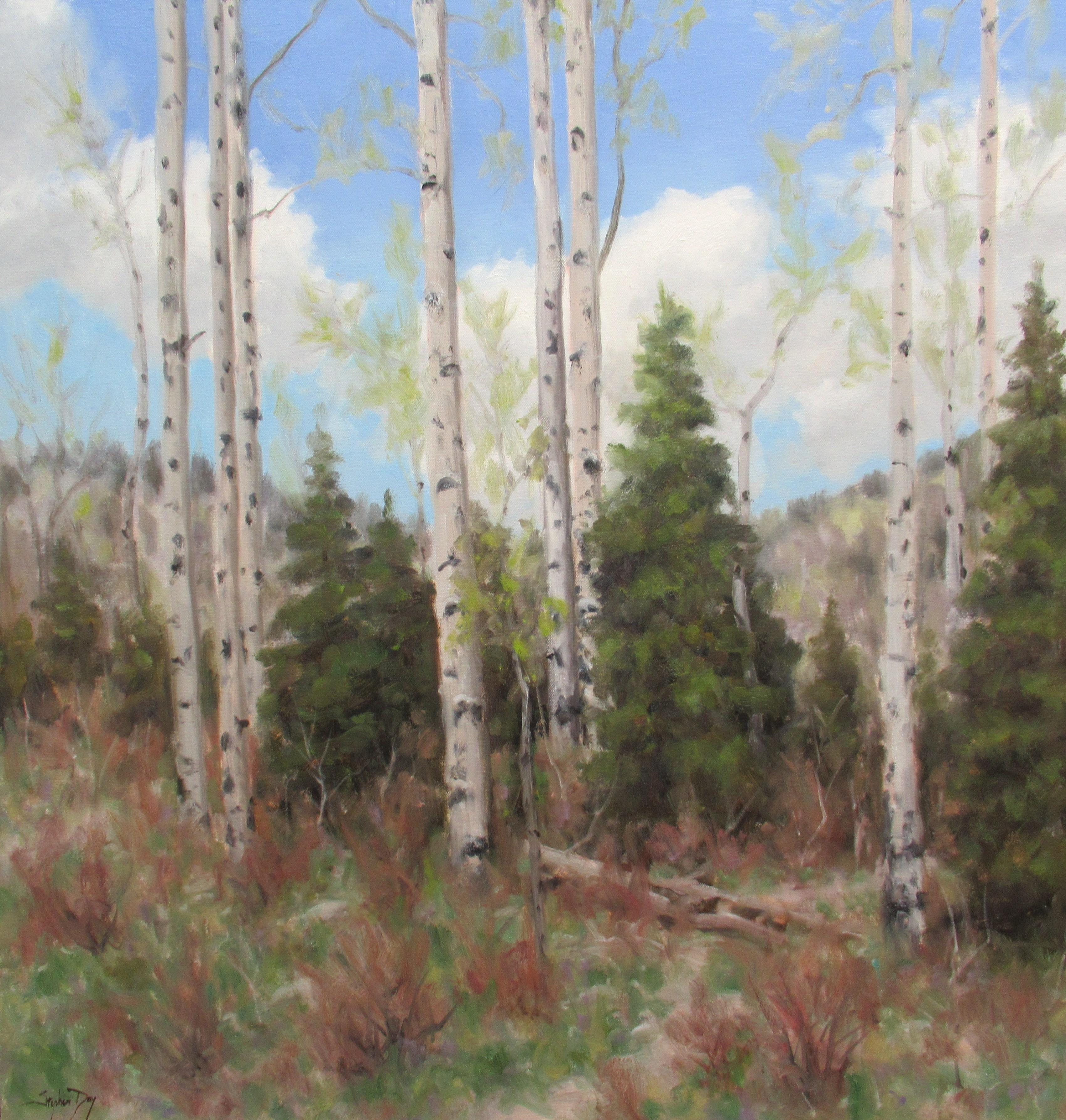 Landscape Painting Stephen Day - Peinture à l'huile « Printemps Aspen »