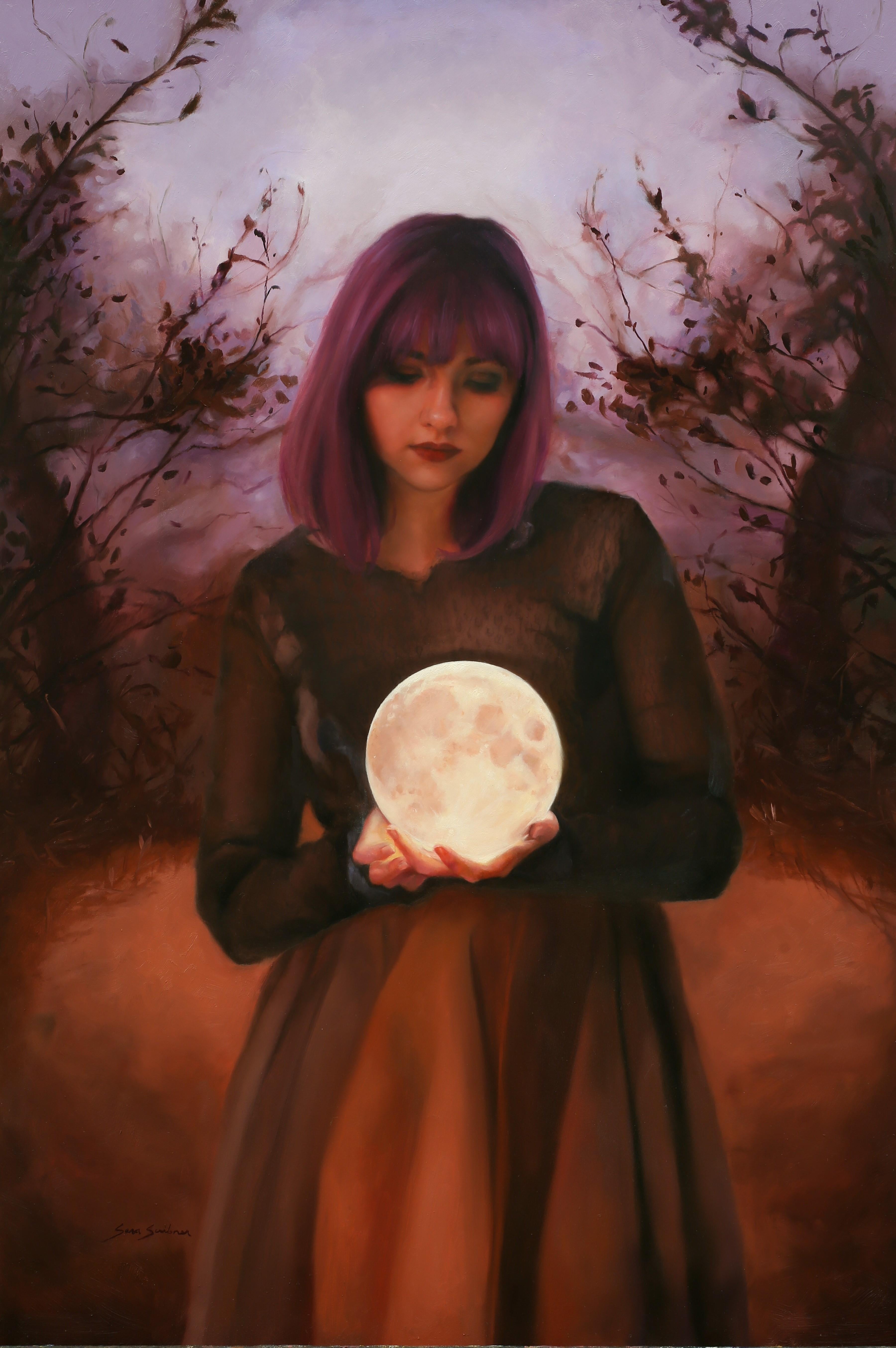 Portrait Painting di Sara Scribner - "Luna rosa", Pittura a olio