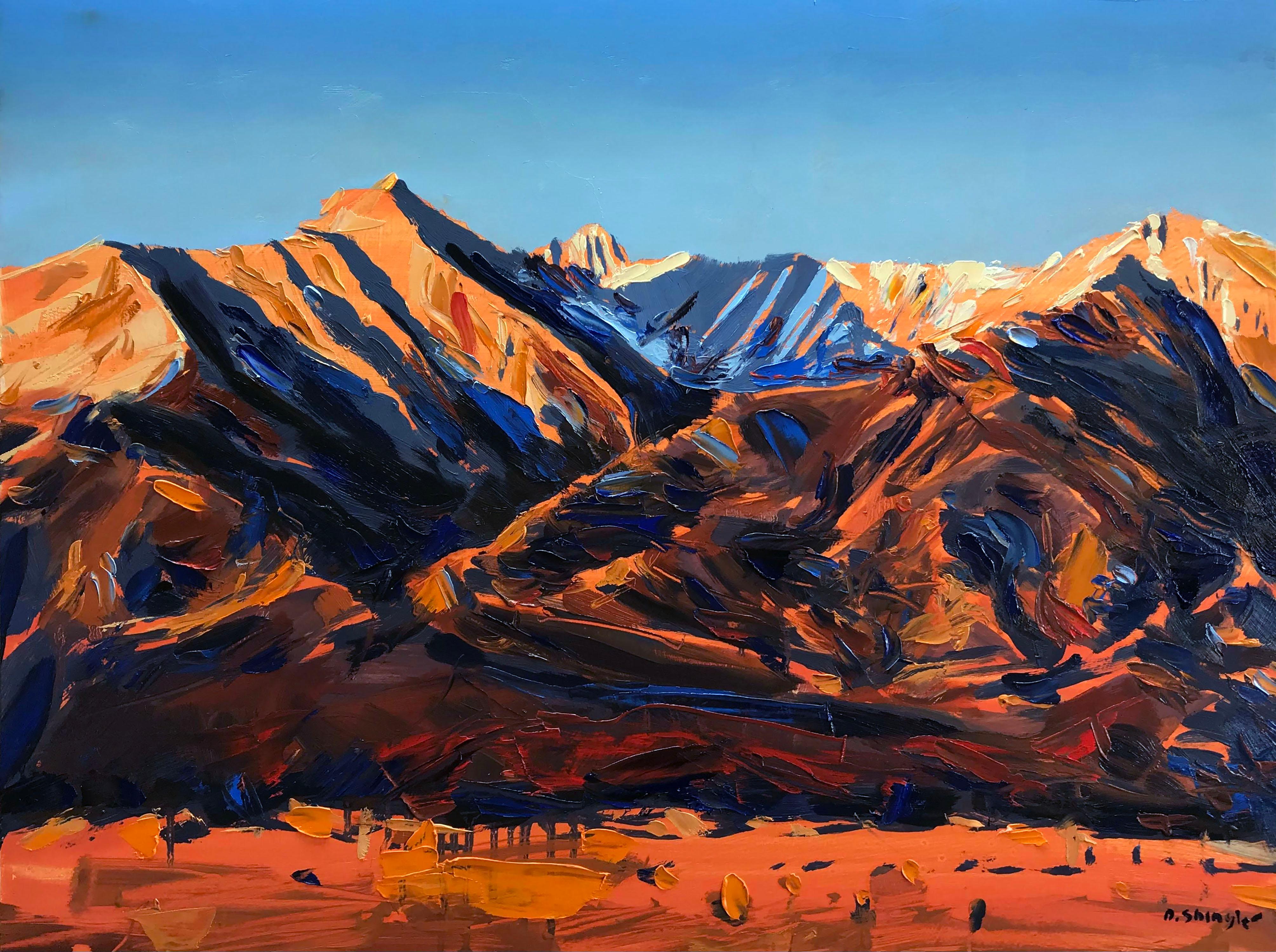 David Shingler Figurative Painting – ""Sangre De Cristo Sonnenaufgang, Colorado" Ölgemälde