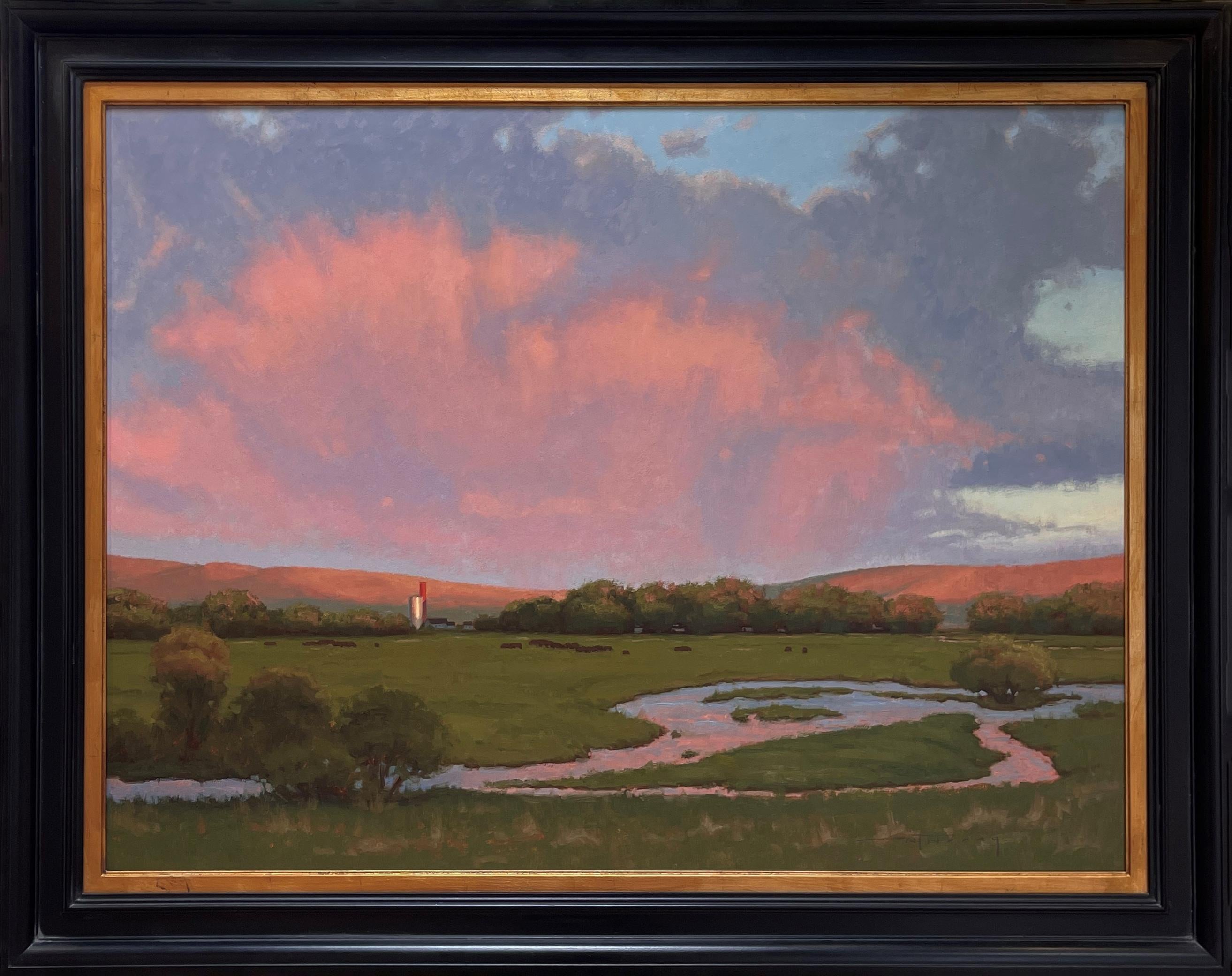 Landscape Painting de Warren Neary - "Flor del cielo" - Pintura al óleo de paisaje con nubes rosas